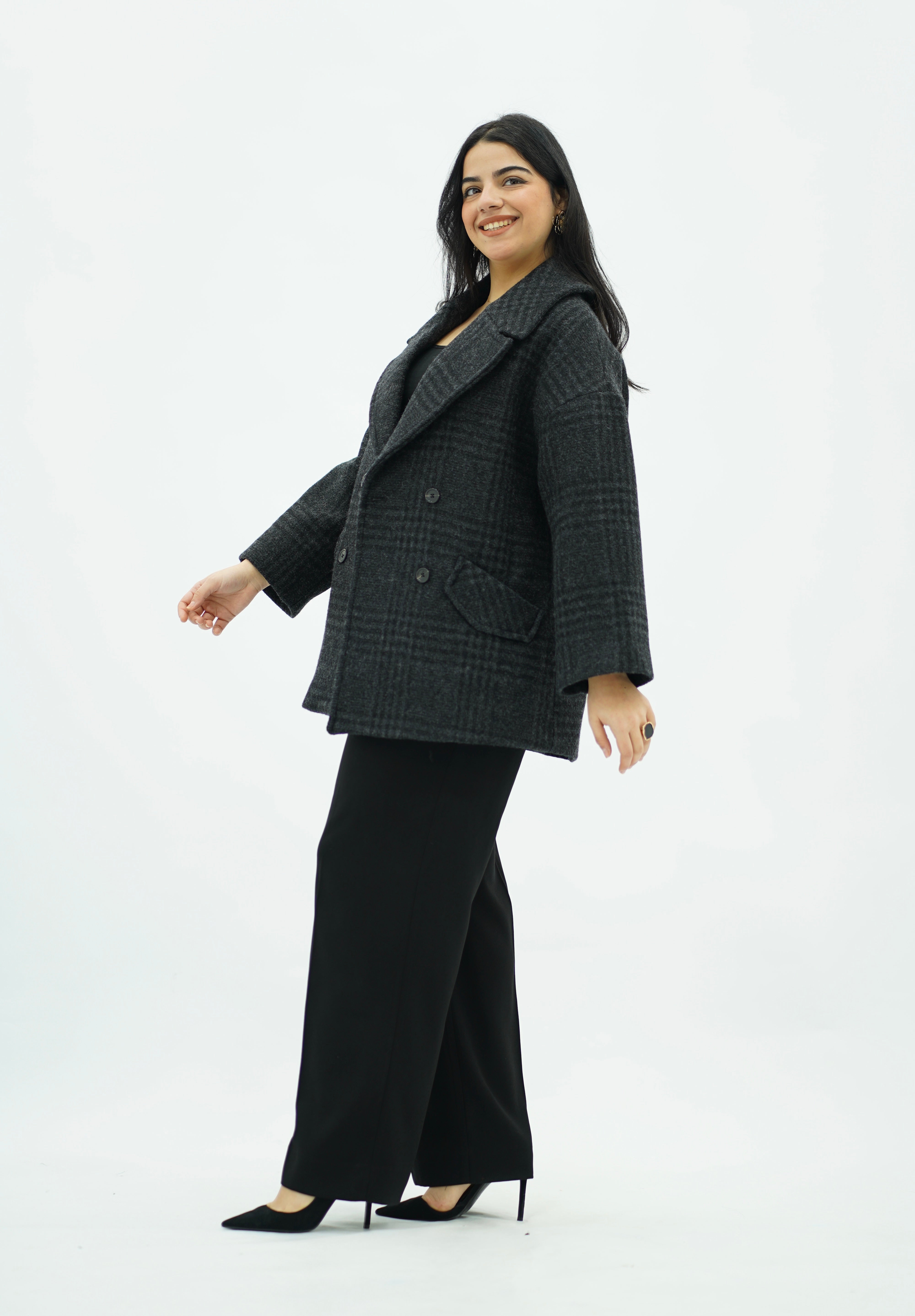 Manteau Court à carreaux Gris Anthracite