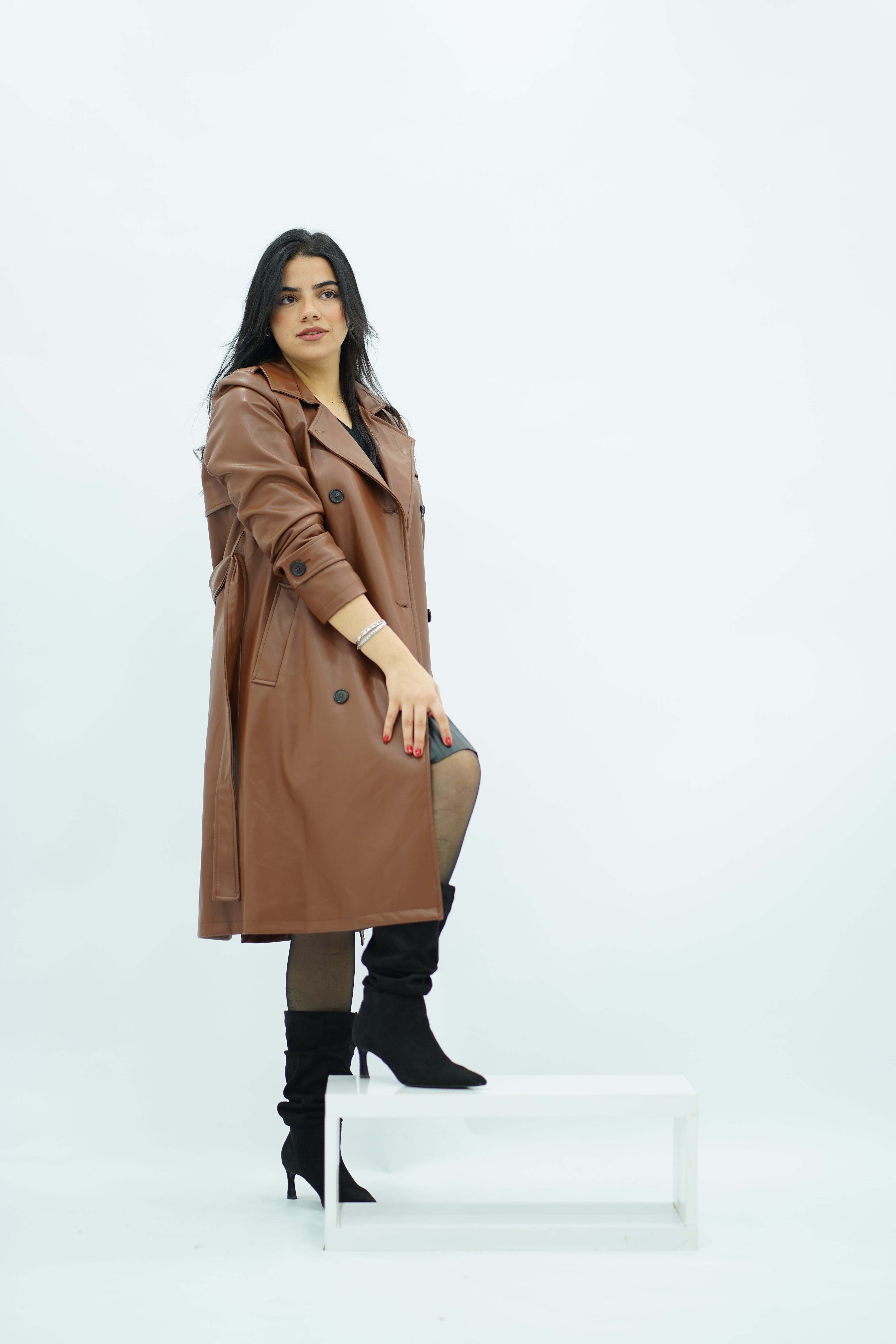 Trench coat camel en similicuir