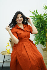 Robe En Popeline - Rouge Brique