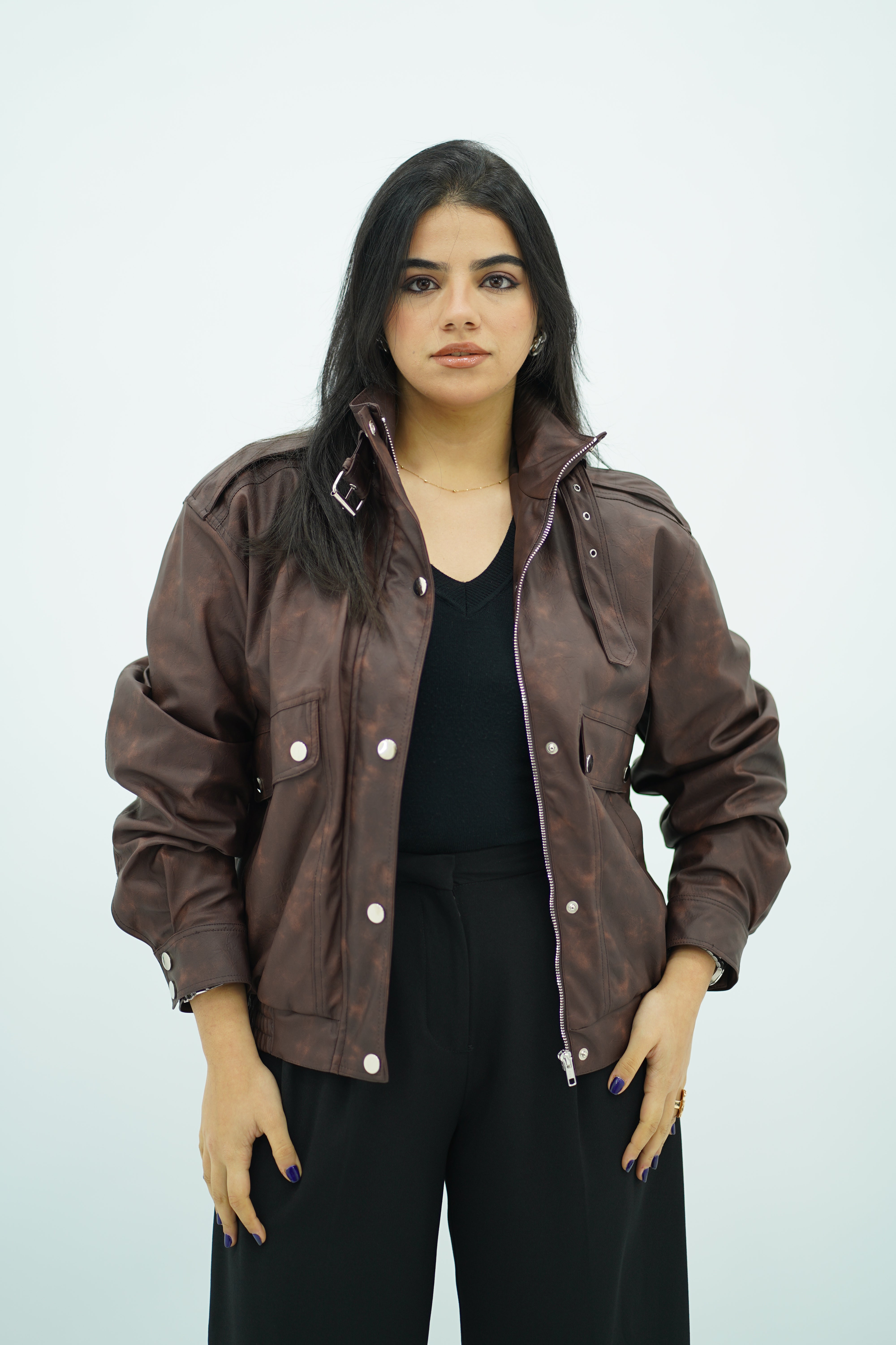 Bomber Similicuir Brun Effet Vieilli