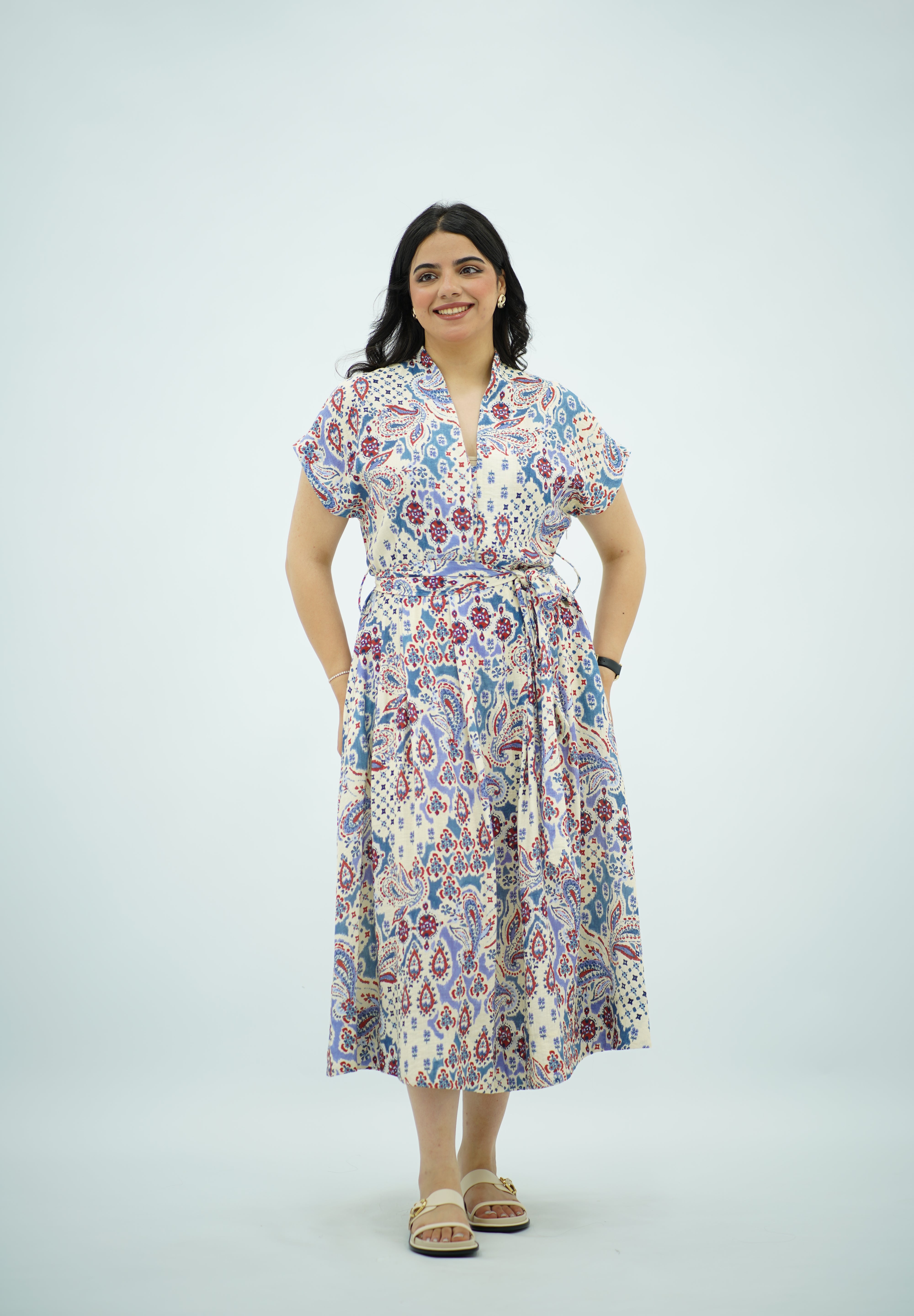 Robe Midi en Lin Fluide à Motif