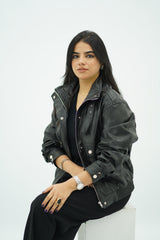 Bomber Noir en similicuir effet vieilli