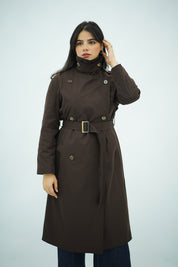 Trench Long Ceinturé Marron   – Col Montant & Boutonnage Croisé
