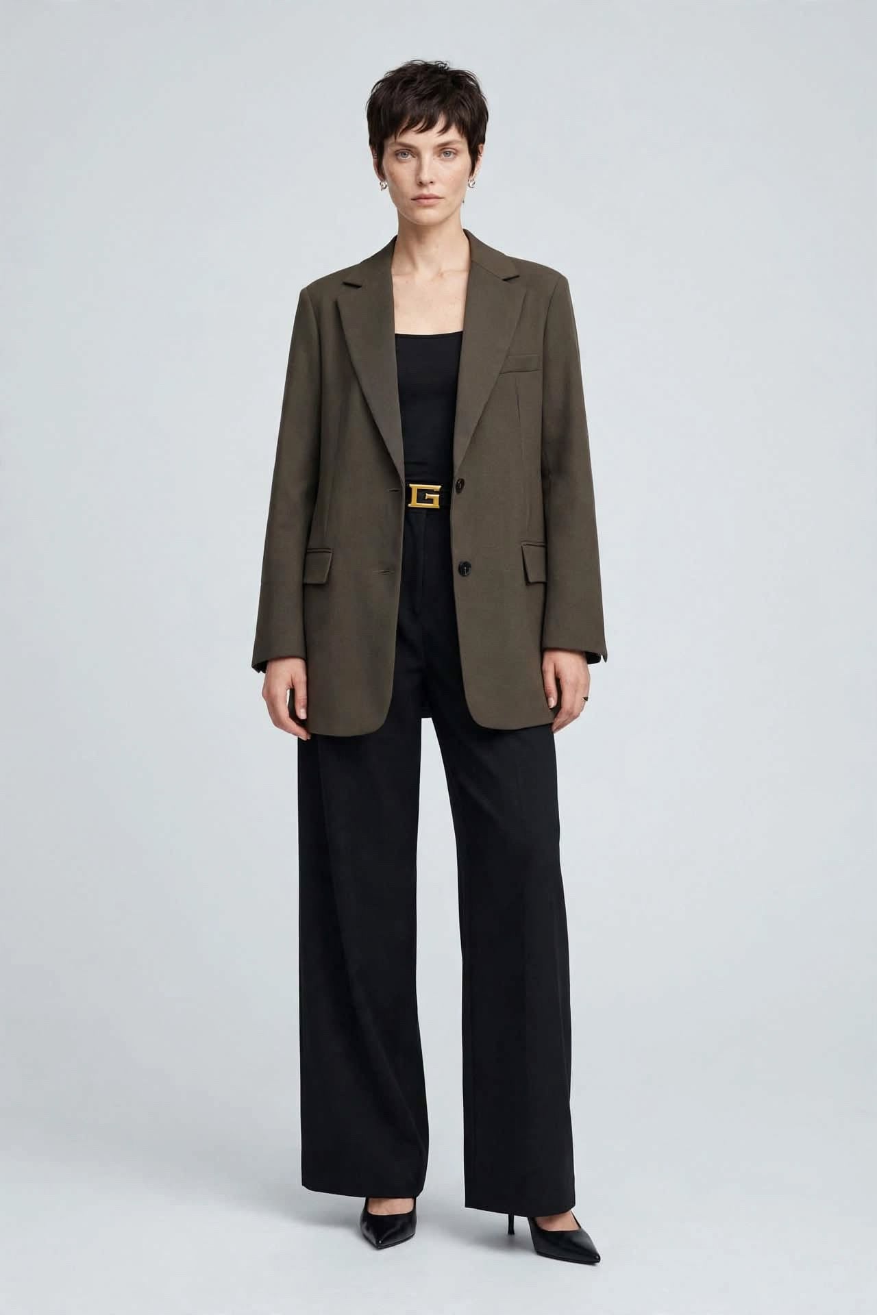 Veste Blazer Structurée Kaki Foncé