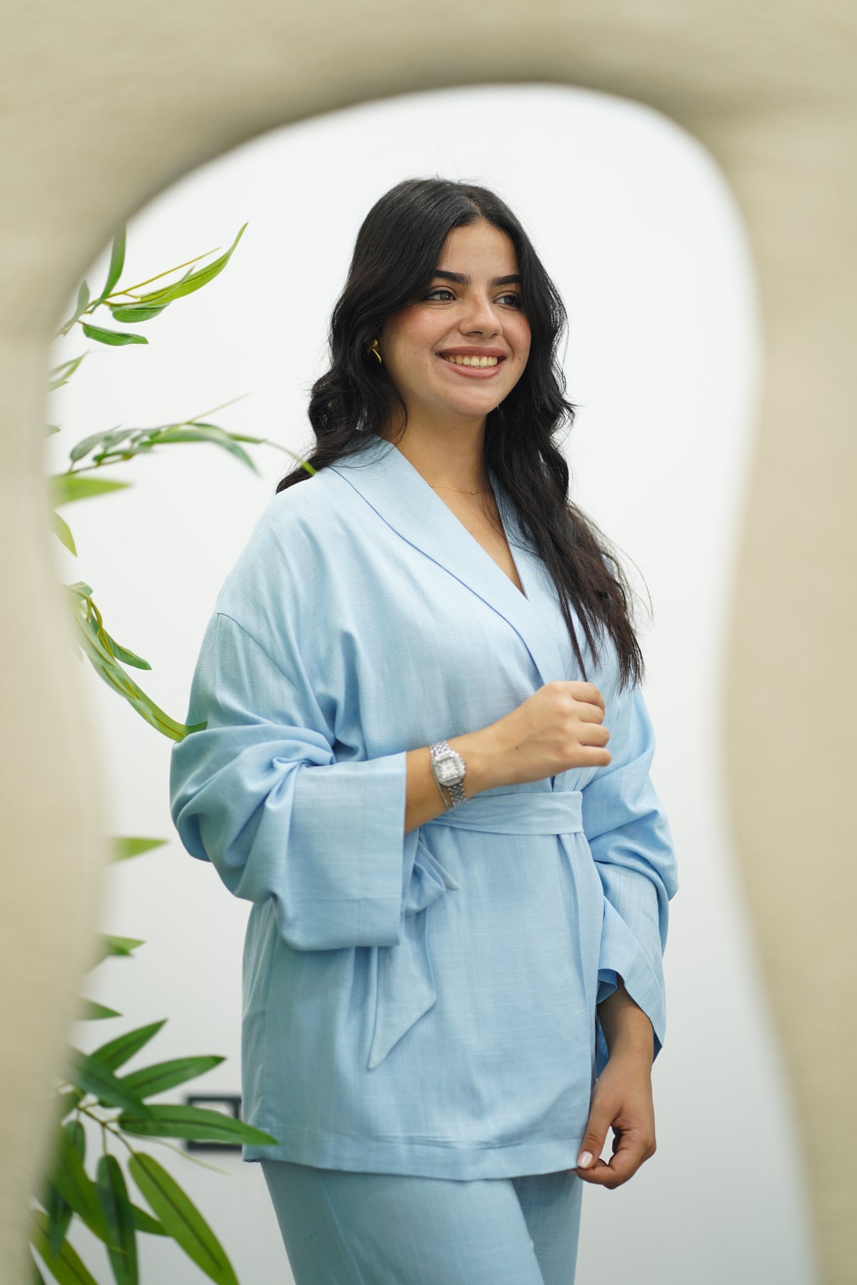 Ensemble bleu ciel en lin style kimono