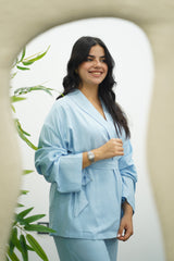 Ensemble bleu ciel en lin style kimono