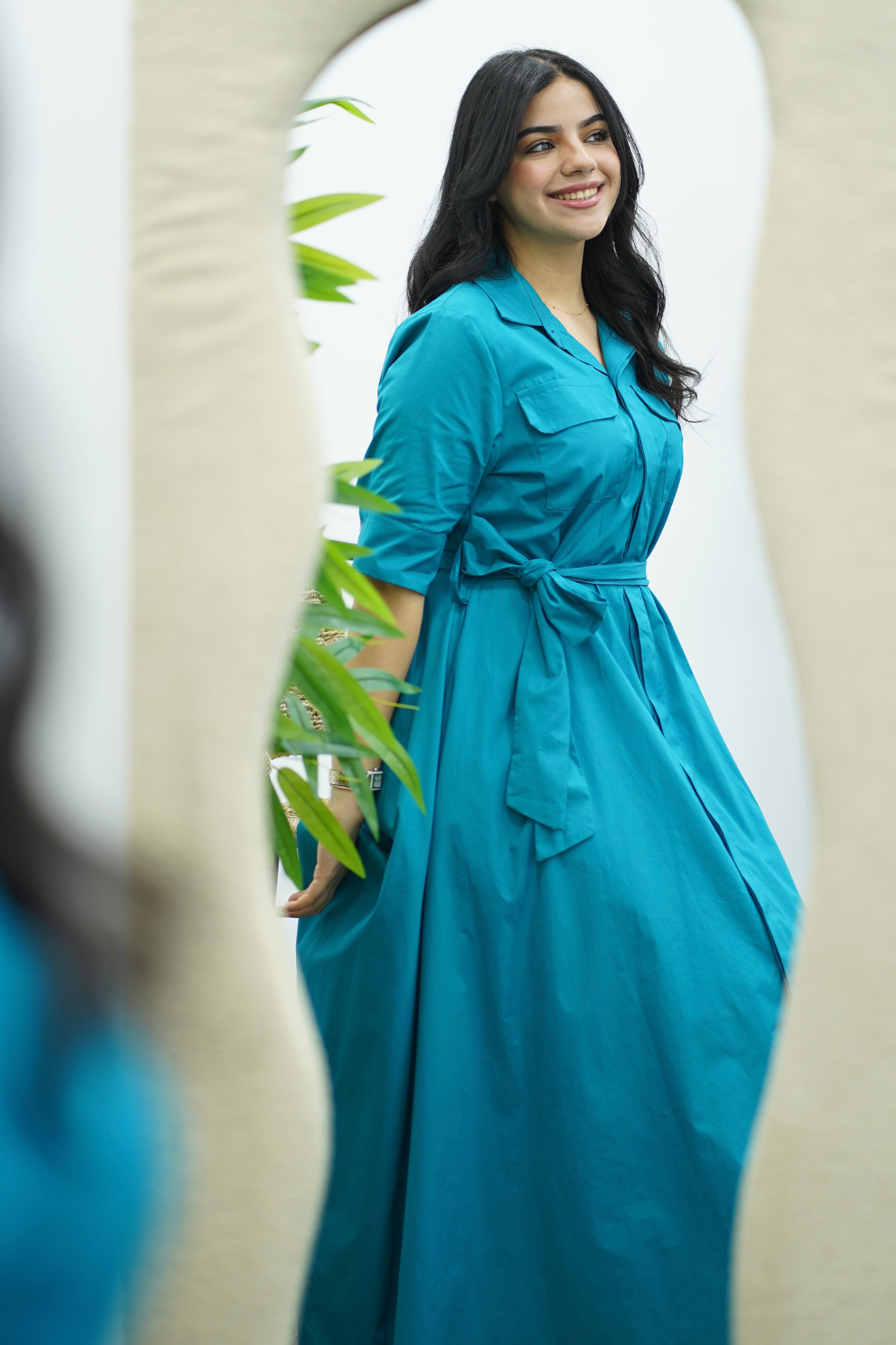 Robe En Popeline- Bleu pétrole
