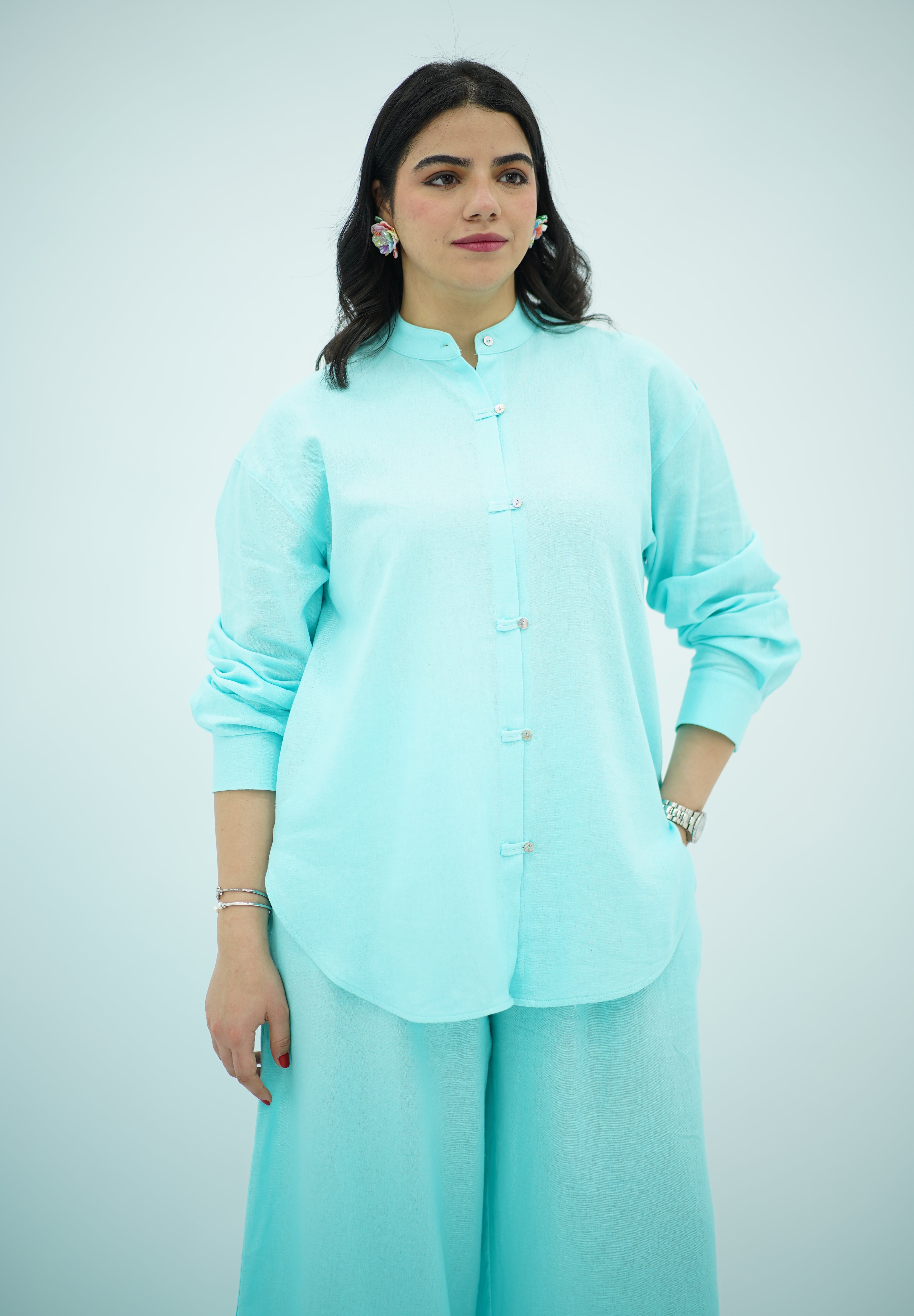 Ensemble En lin Bleu turquoise