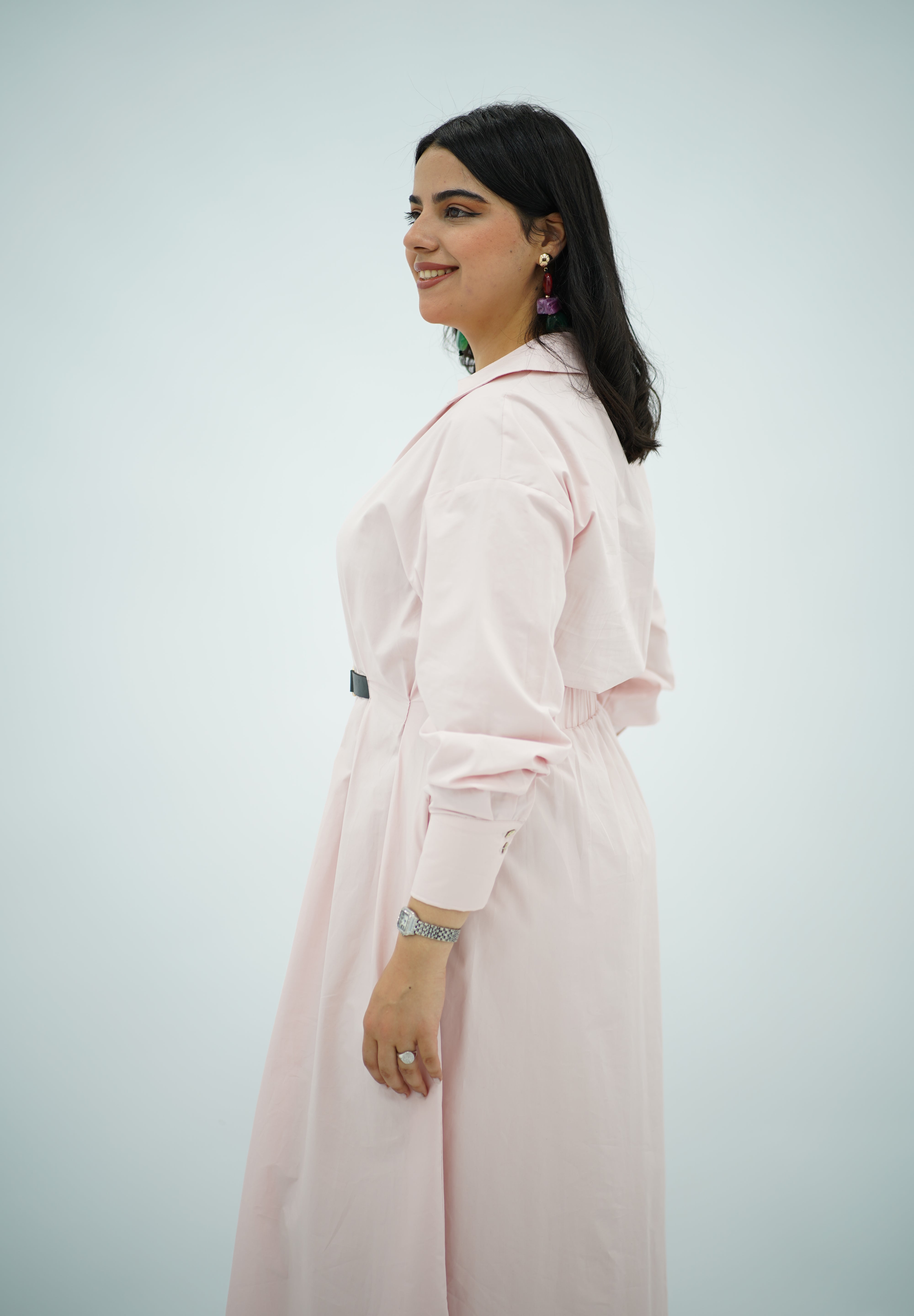 Robe chemise ceinturée rose poudré