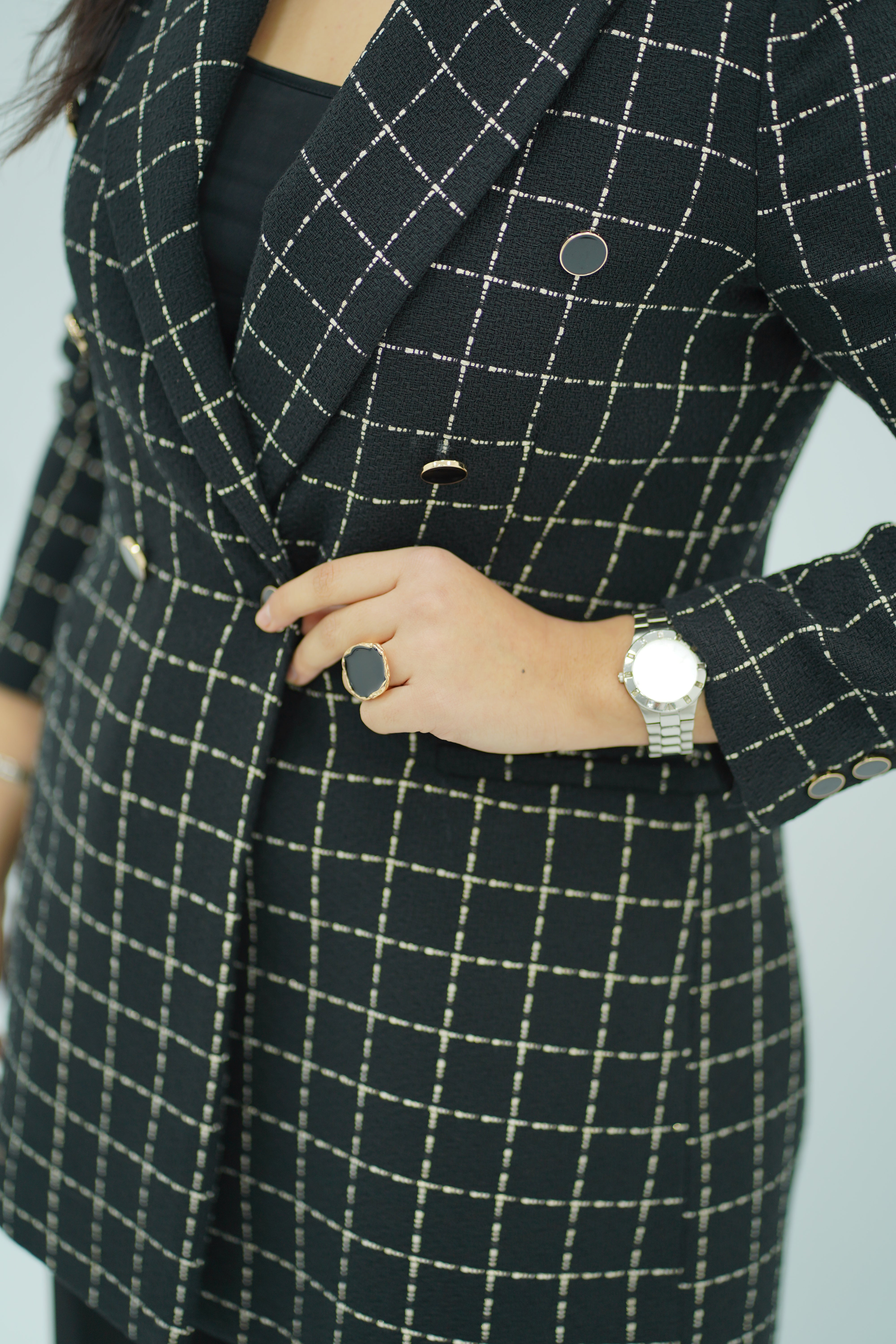 Veste Blazer Longue à Carreaux Noir et Or