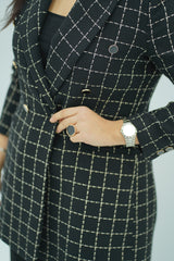Veste Blazer Longue à Carreaux Noir et Or