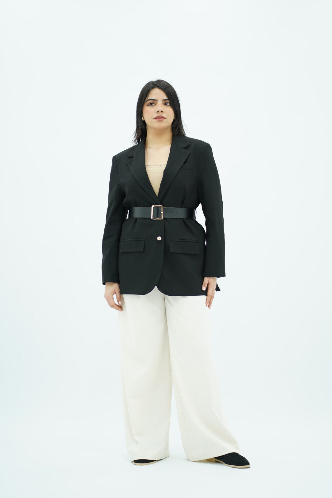 Blazer Noir Structuré à Taille Ceinturée