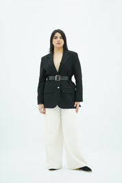 Blazer Noir Structuré à Taille Ceinturée