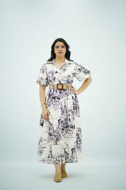 Robe Blanche à Motif Toile de Jouy Urbain