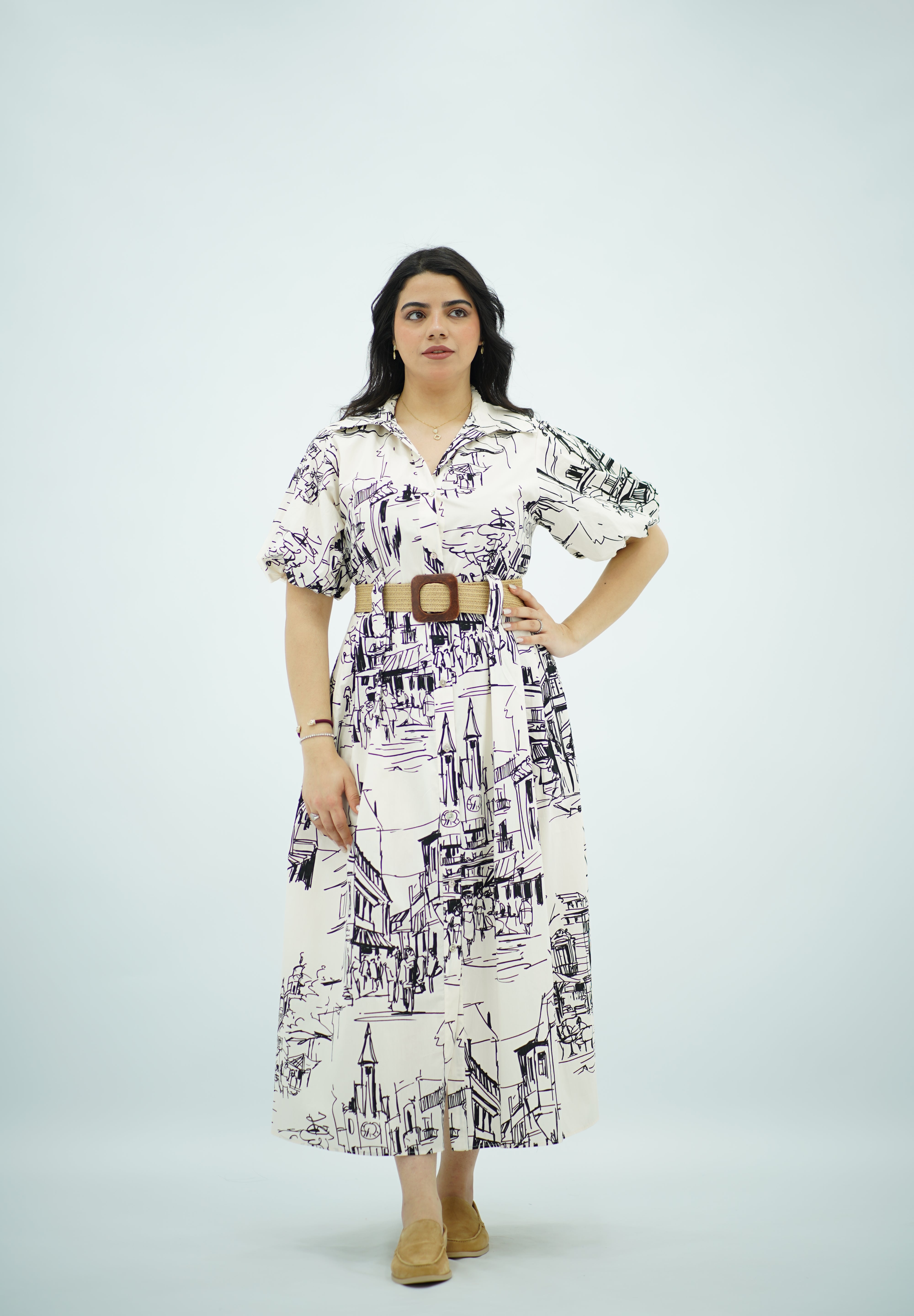 Robe Blanche à Motif Toile de Jouy Urbain