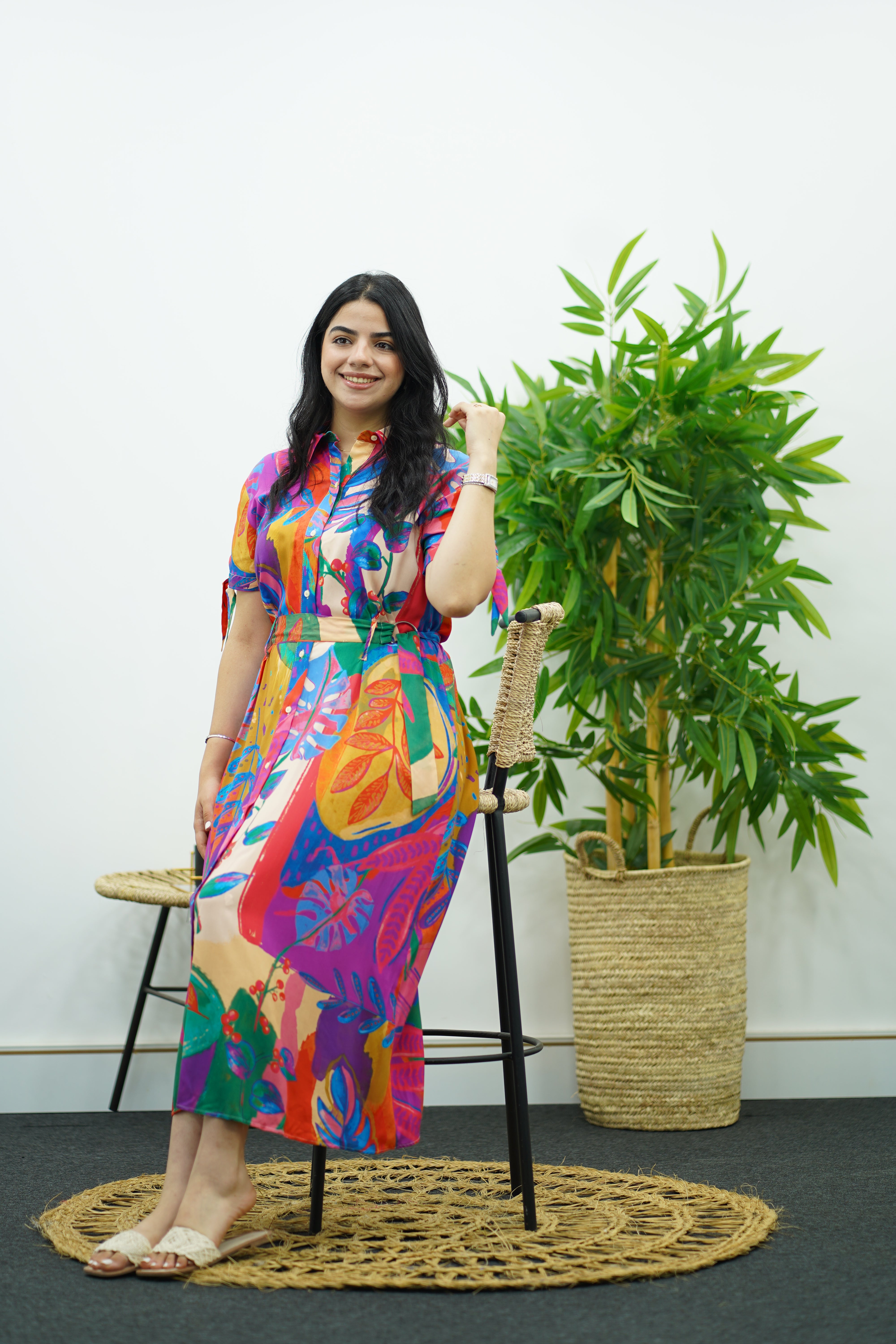 Robe à imprimé tropical multicolore
