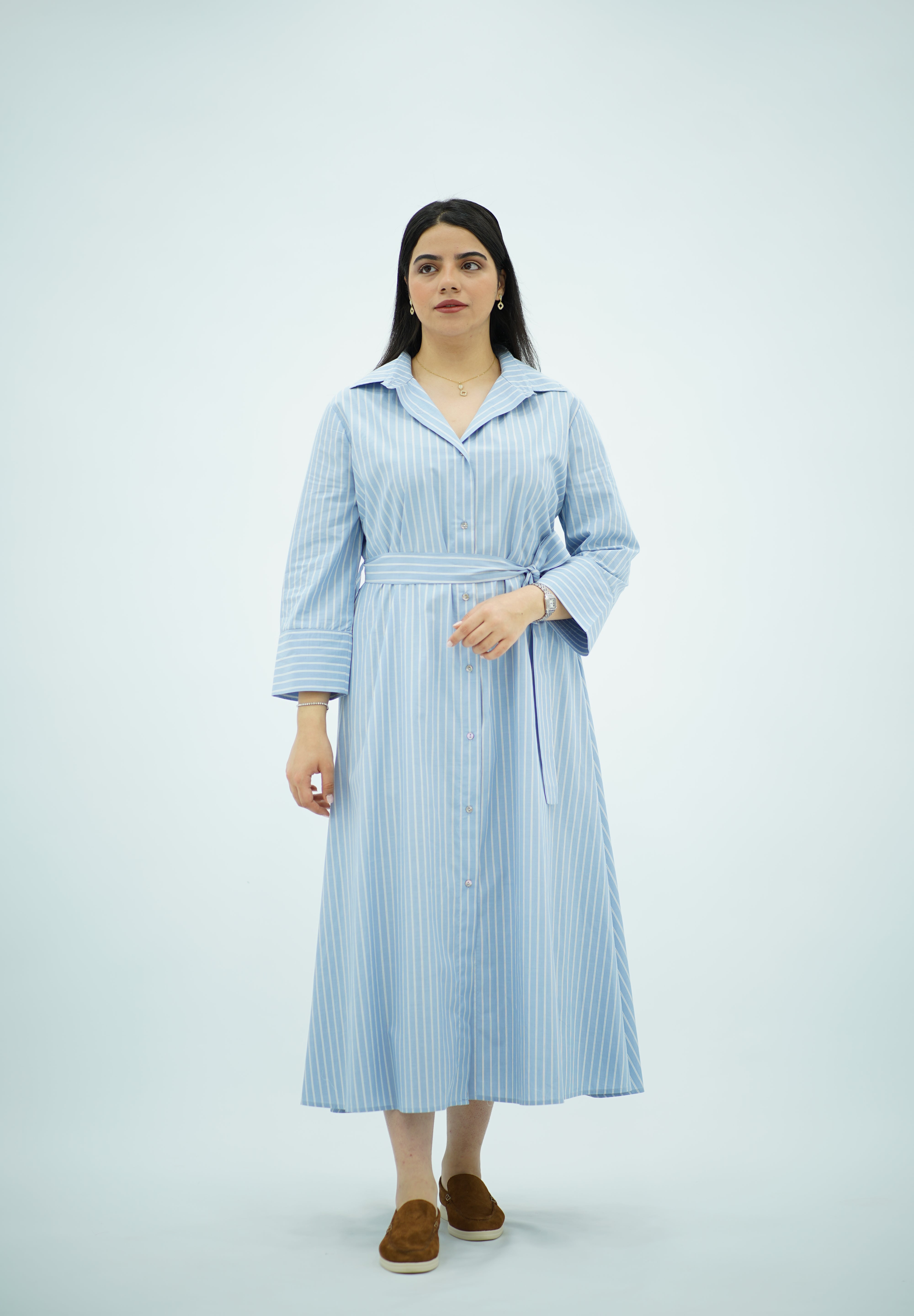 Robe-chemise longue rayée bleu ciel