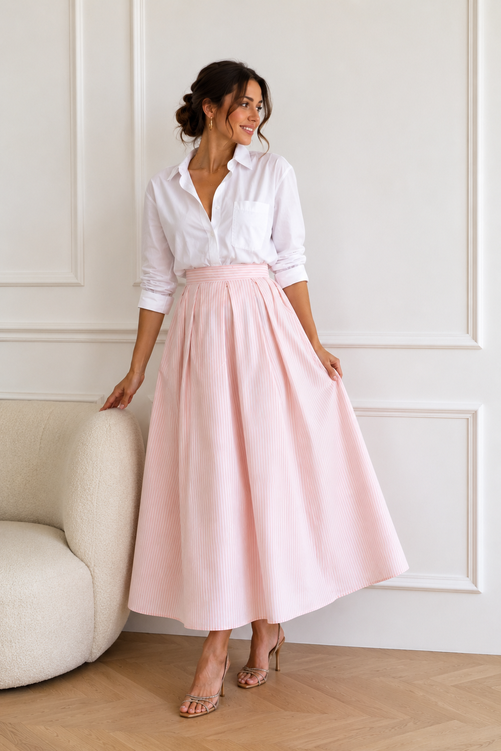 Jupe longue rose poudré à rayures