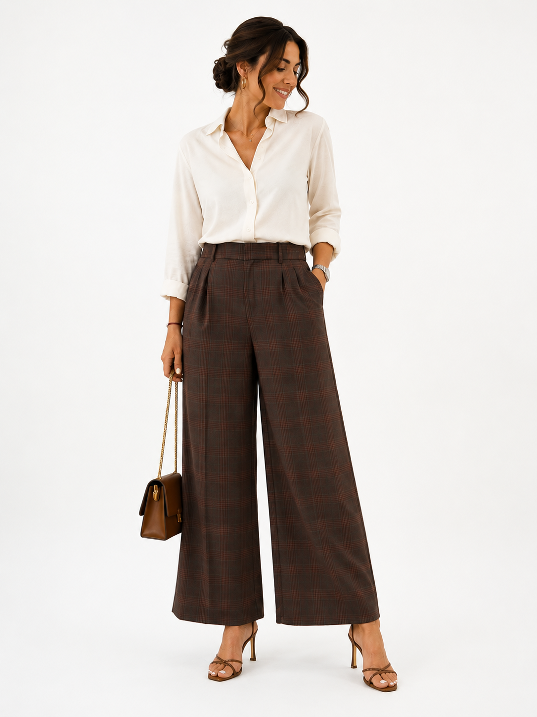 Pantalon Large Taille Haute à Carreaux