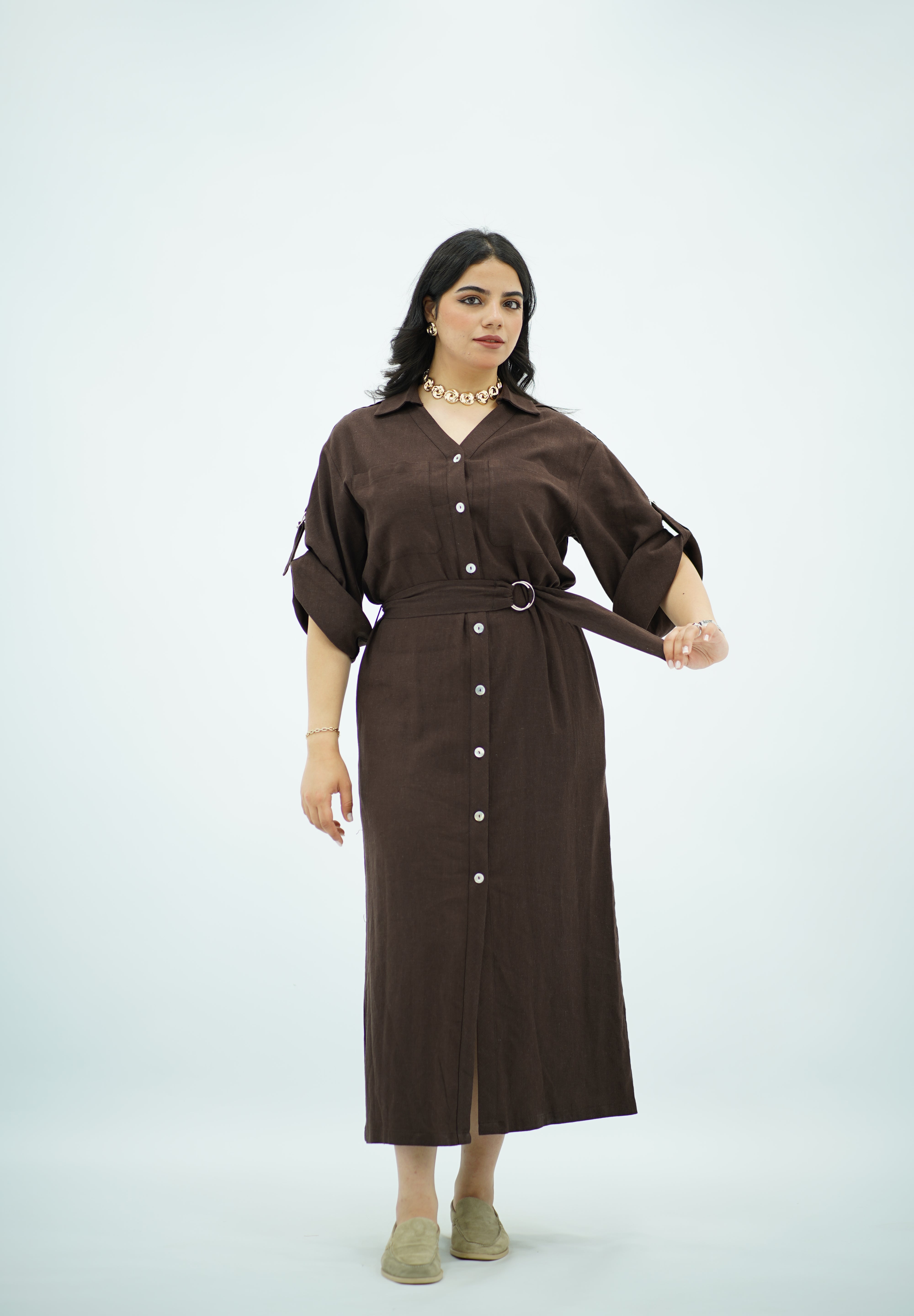 Robe Chemise en lin Longue – Marron