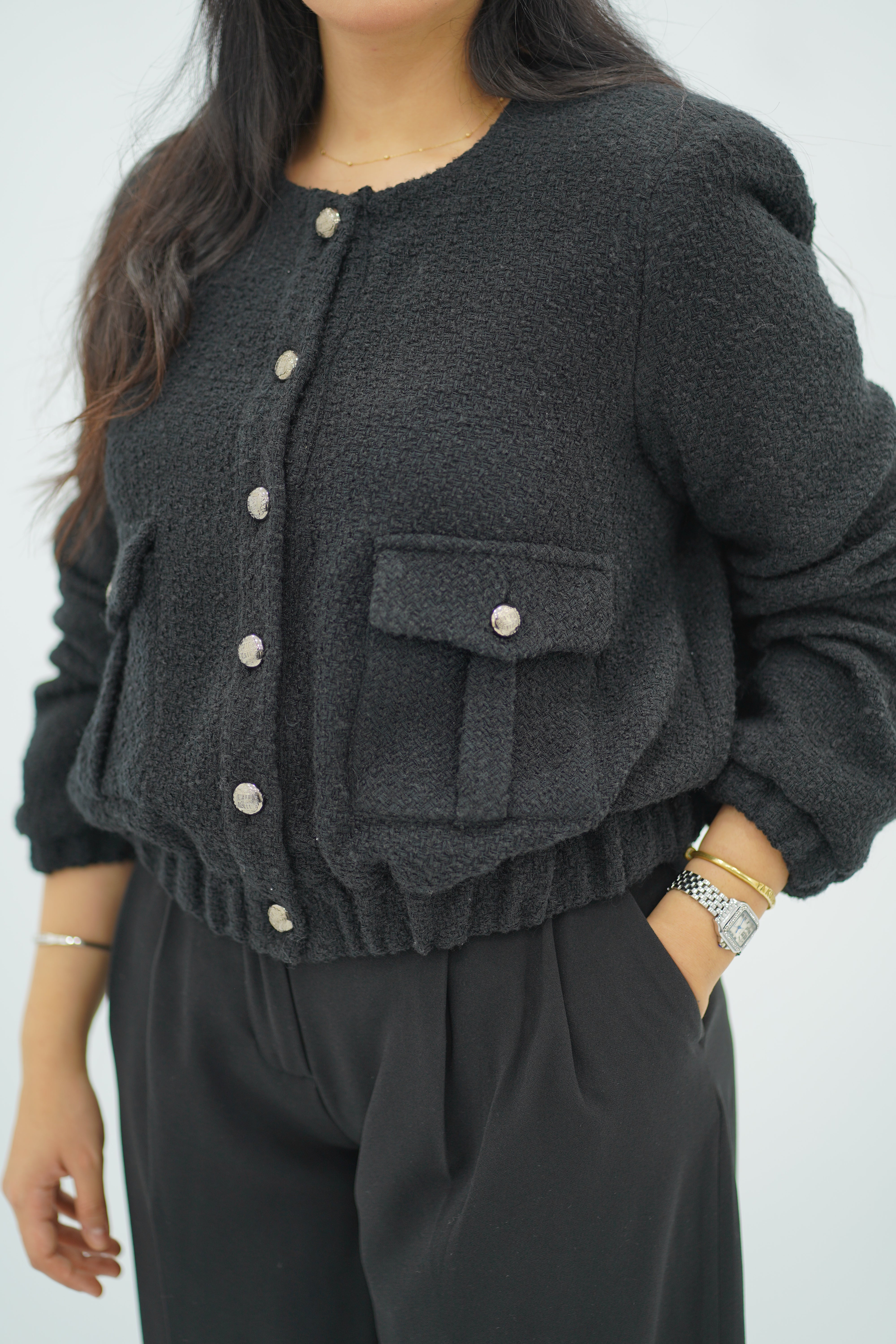 Bomber Noir en Tweed Bouclé