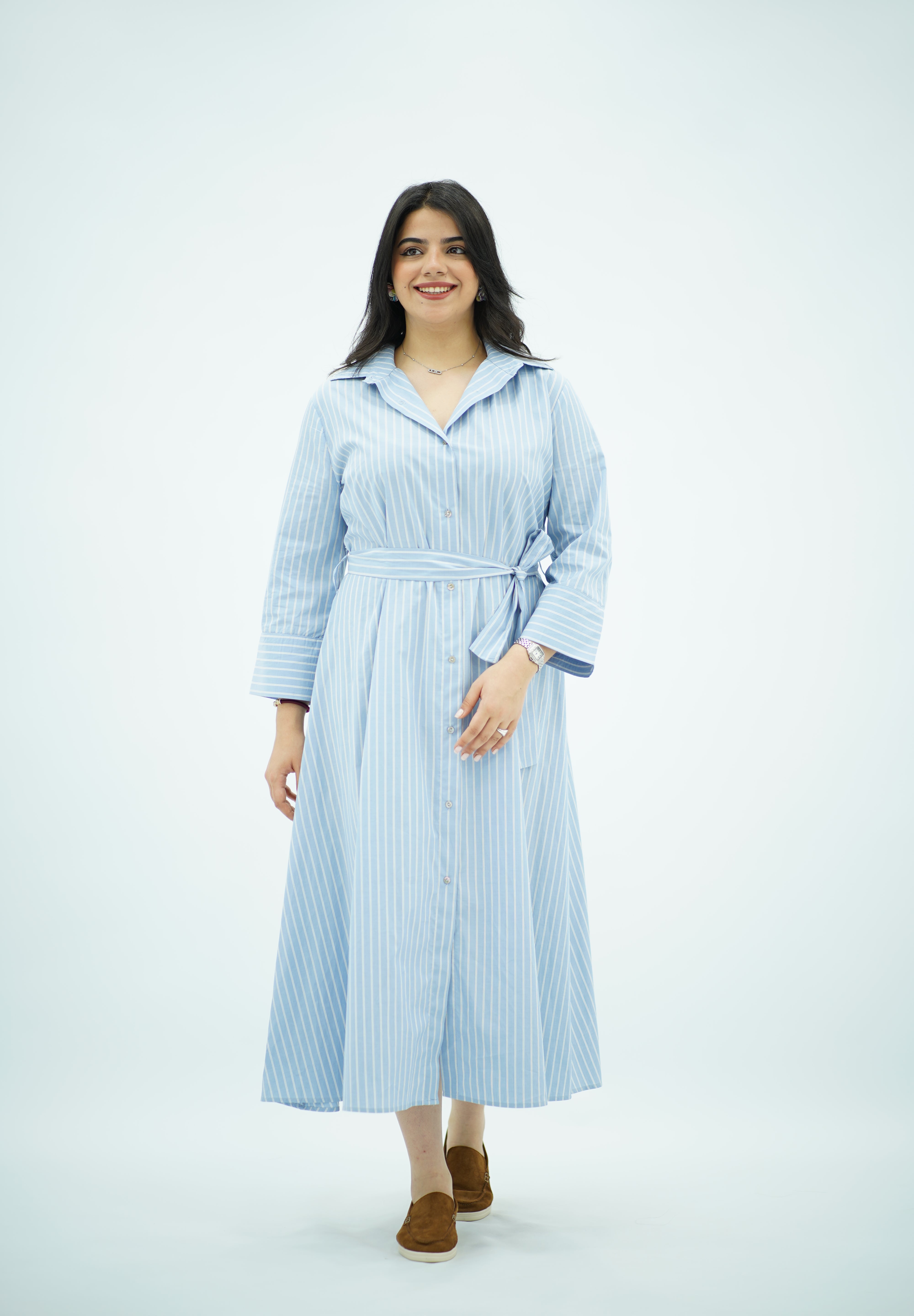 Robe-chemise longue rayée bleu ciel