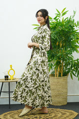 Robe Florale Vert Olive et Blanche avec Ceinture – Élégance Naturelle