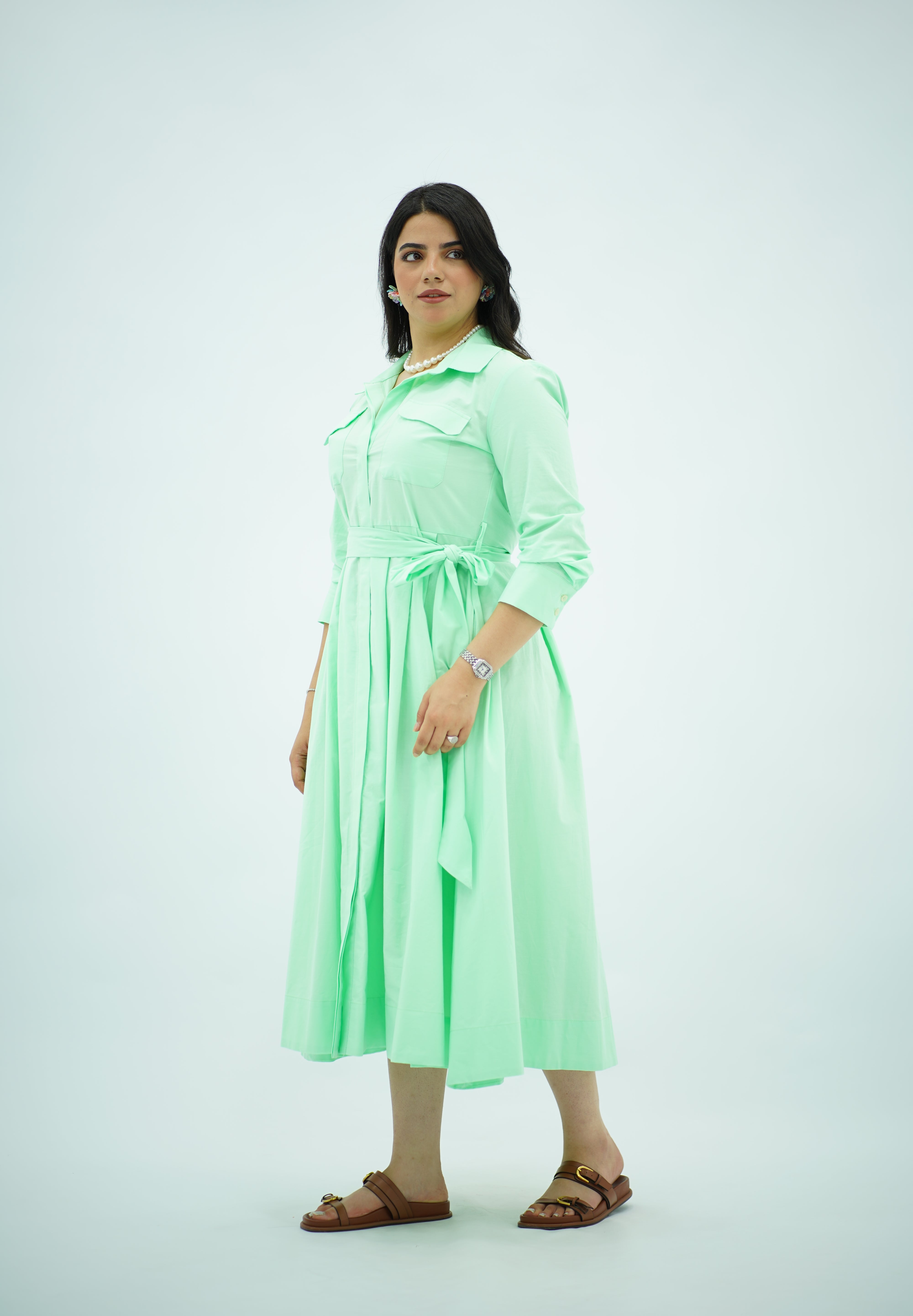 Robe Chemise Midi Ceinturée – Vert Menthe