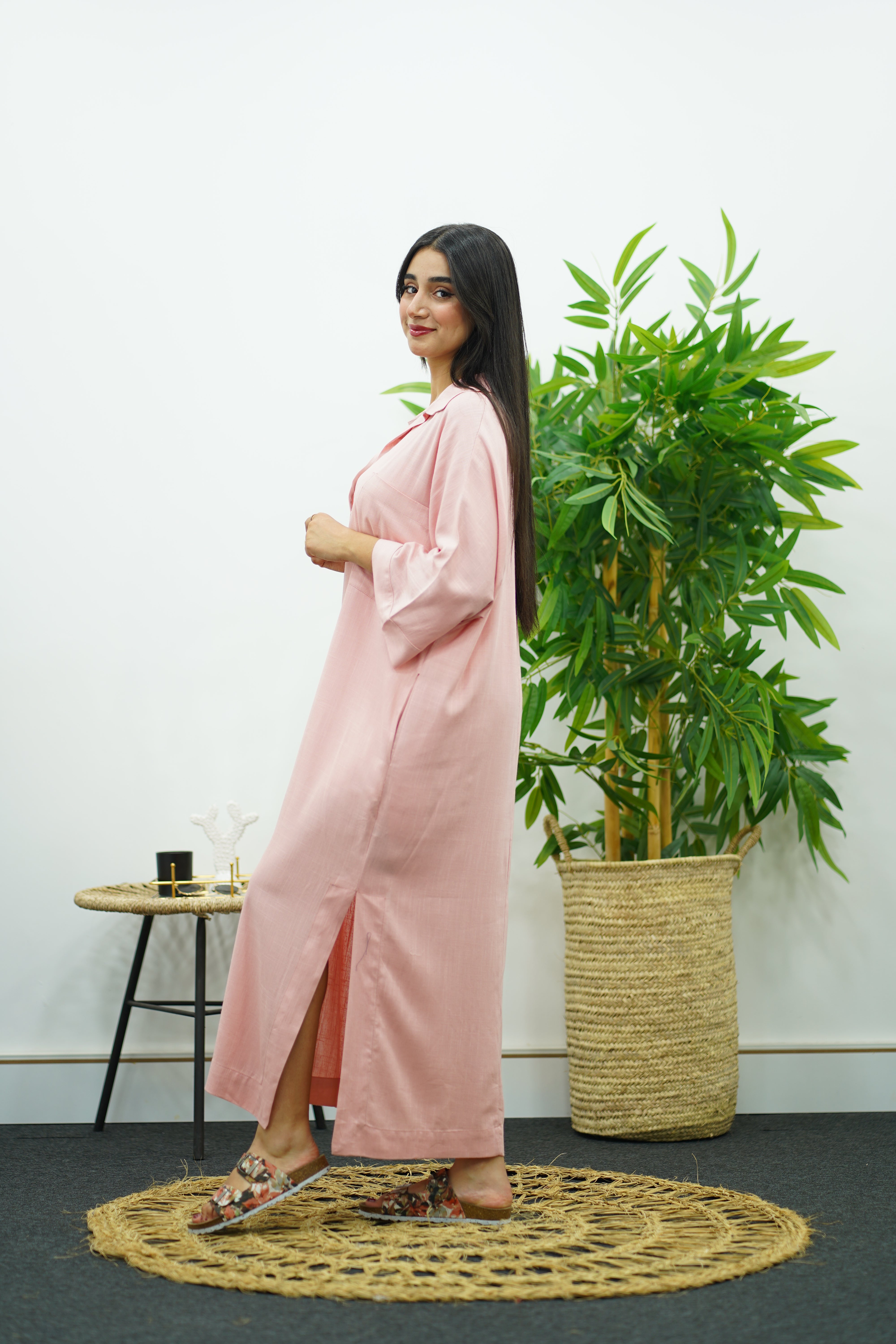 Robe Gandoura En lin - Rose claire