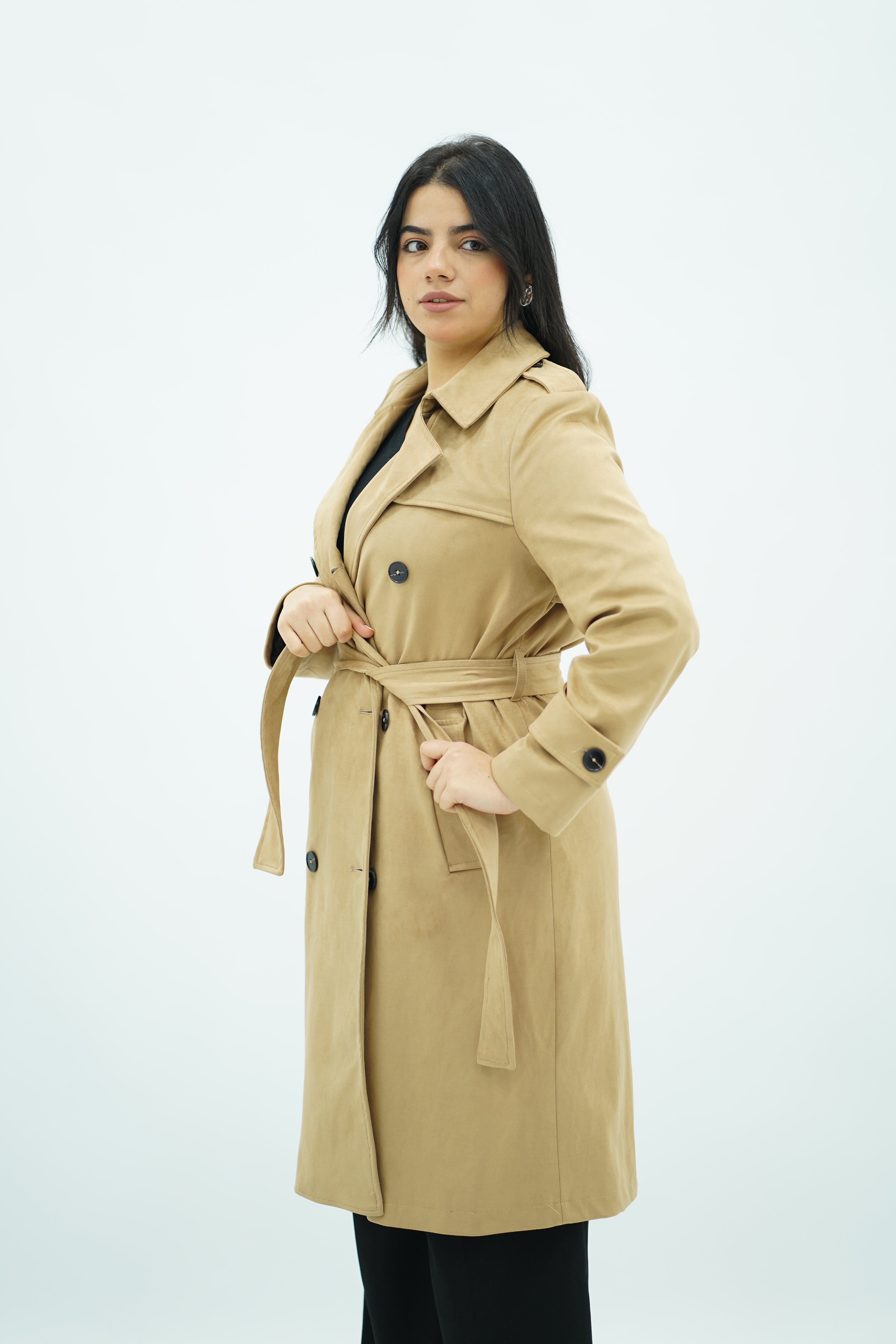 Trench Beige Mi-Long en Faux Daim