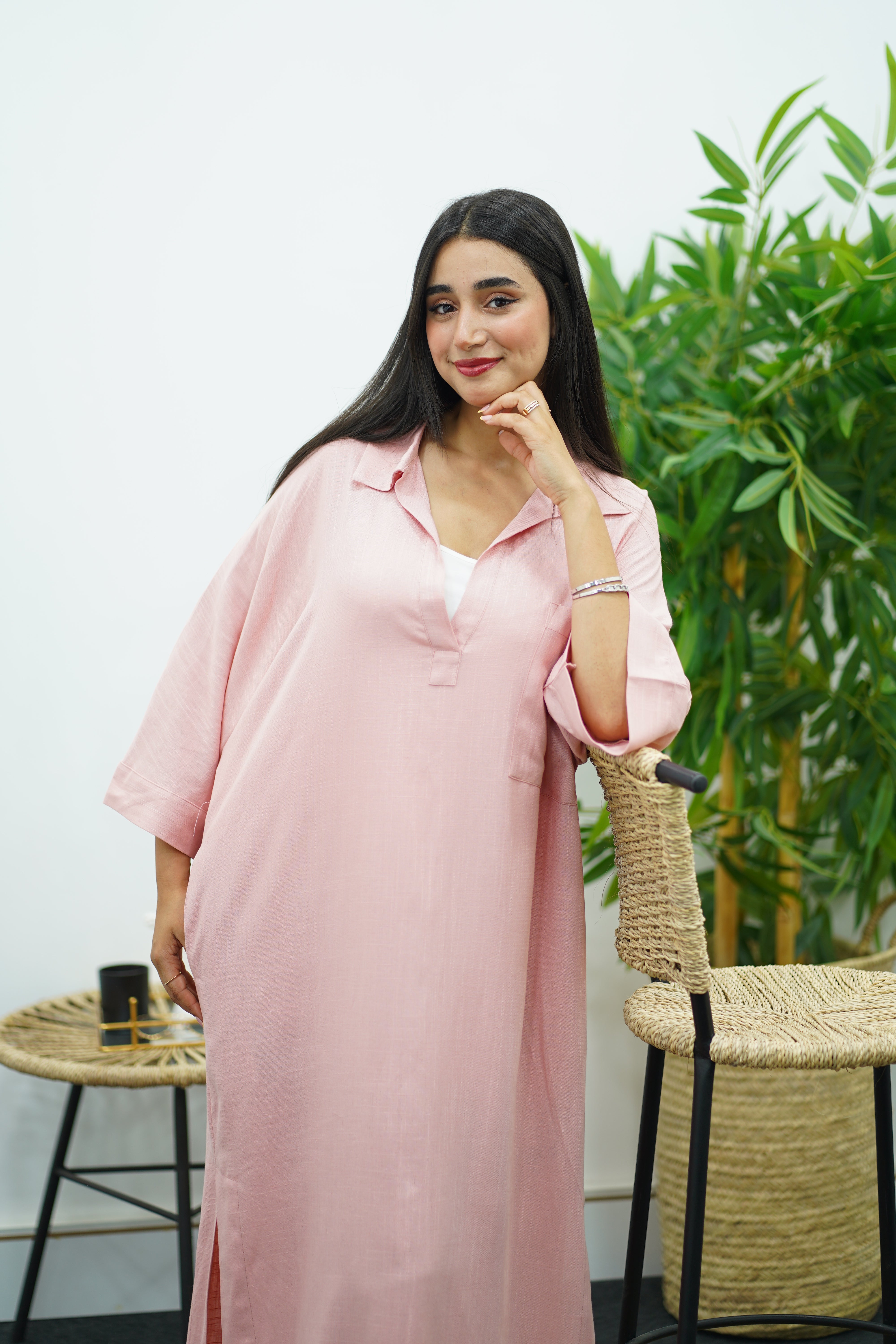 Robe Gandoura En lin - Rose claire