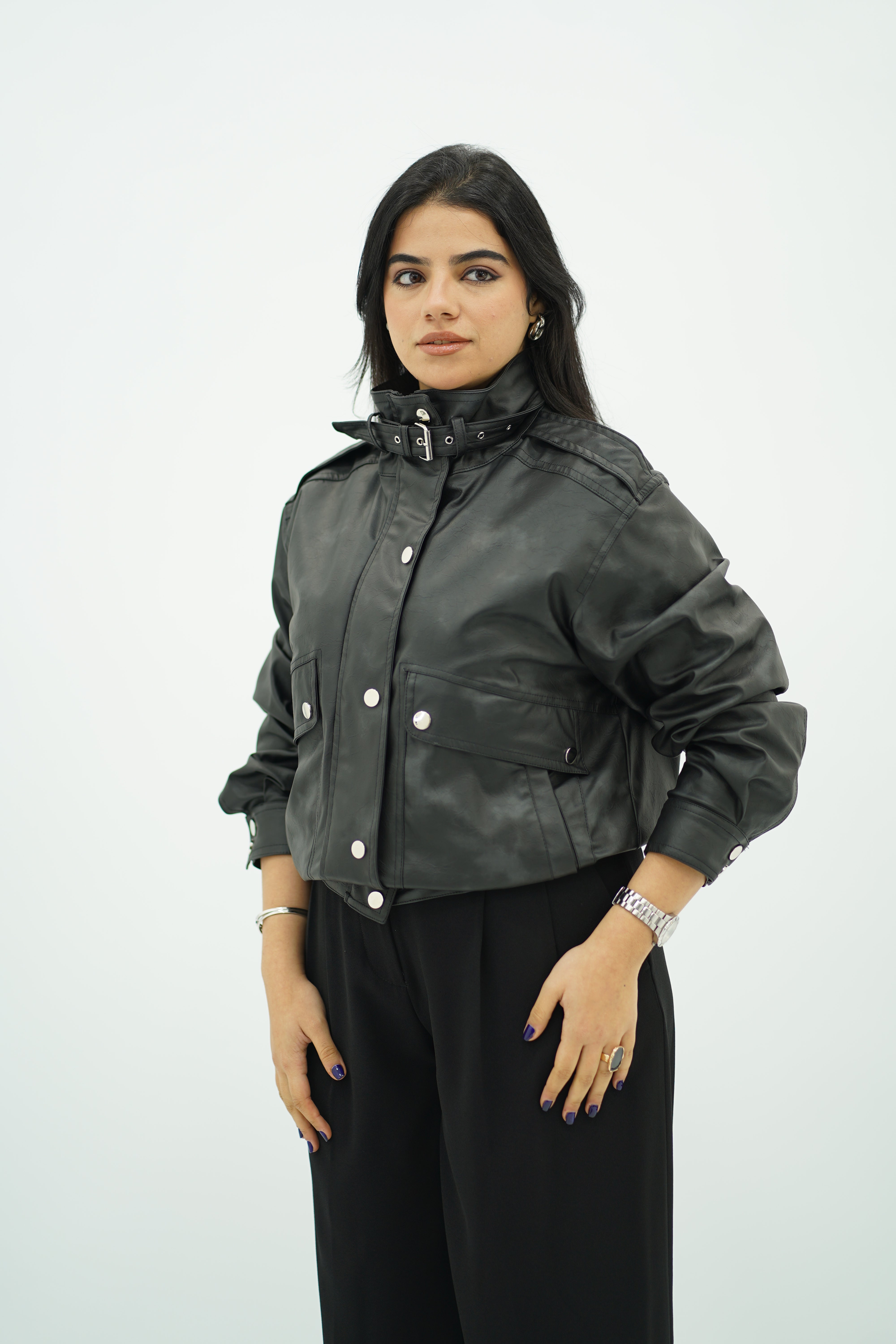 Bomber Noir en similicuir effet vieilli