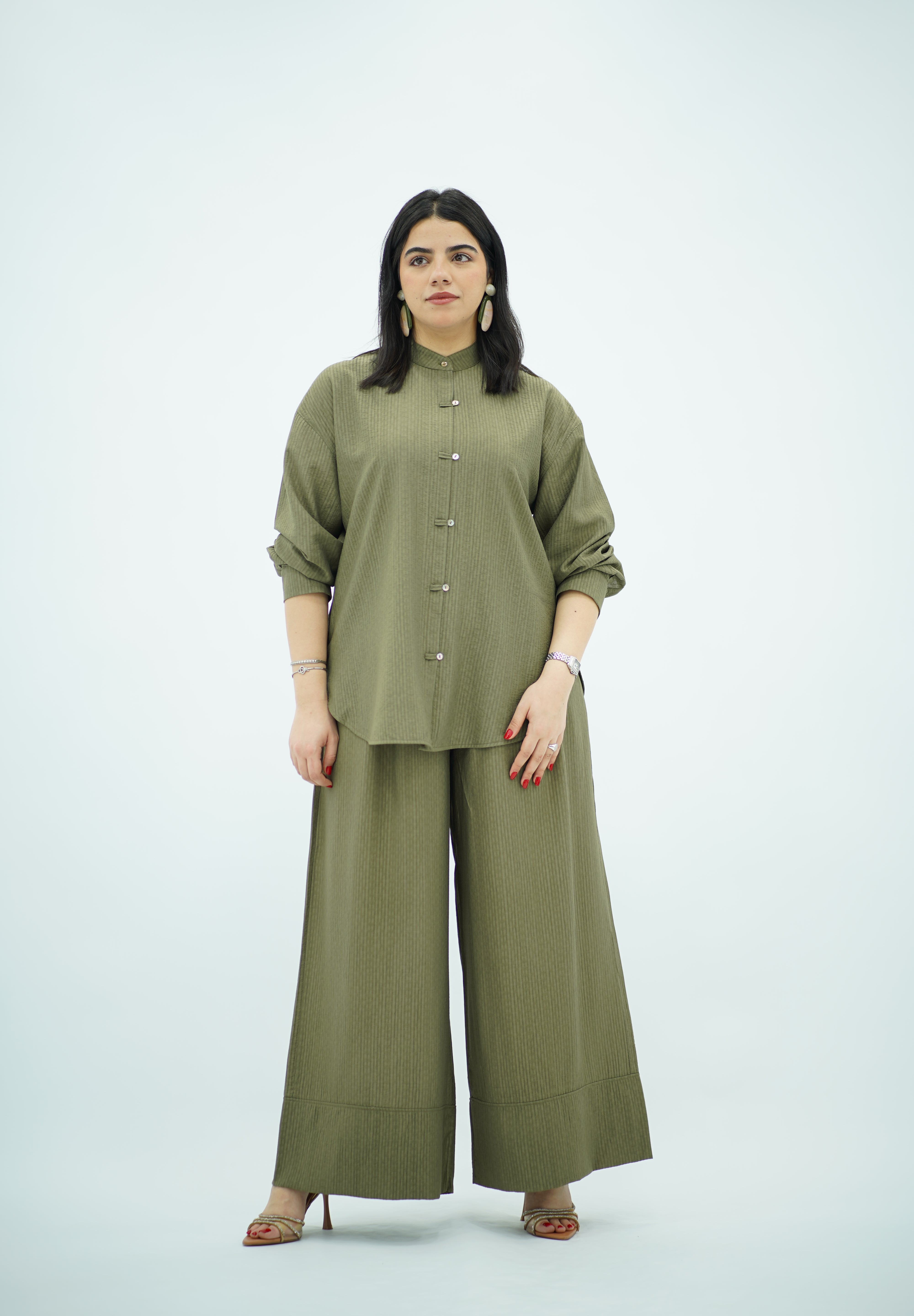 Ensemble Coordonné kaki à Fines Rayures
