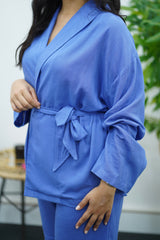 Ensemble bleu en lin style kimono