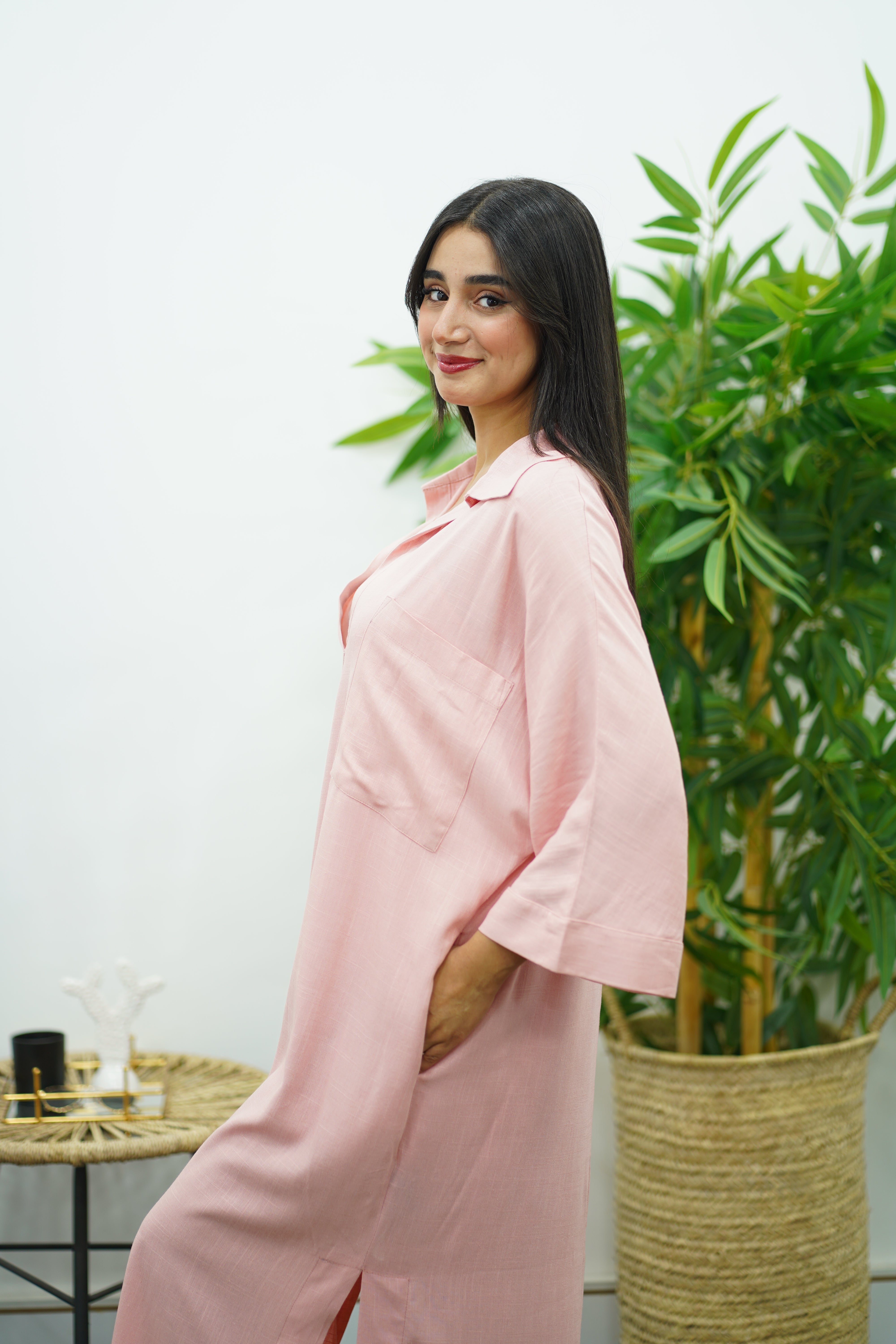 Robe Gandoura En lin - Rose claire