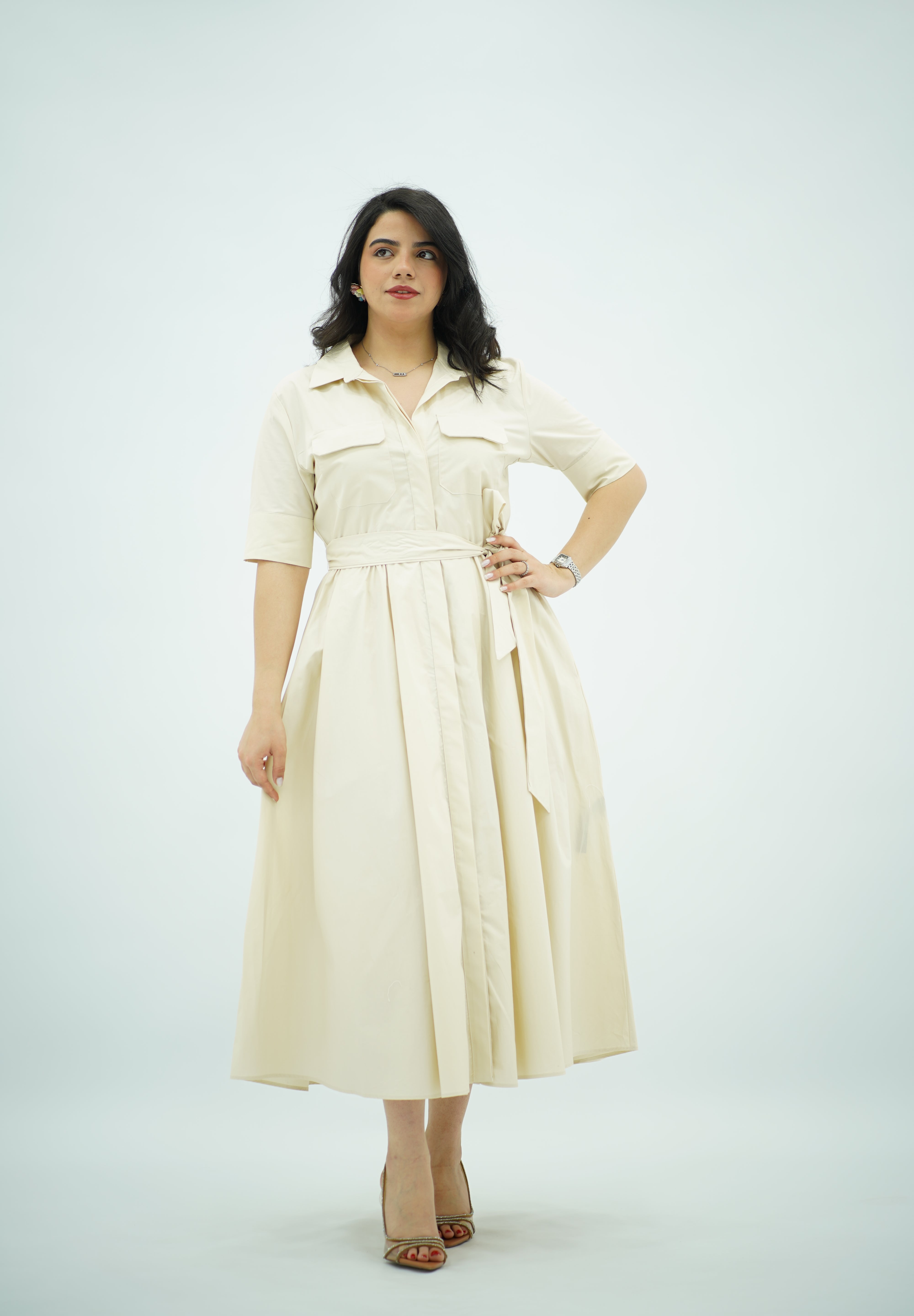 Robe Midi en popeline Blanc cassé