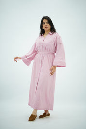 Robe-chemise longue rayée rose