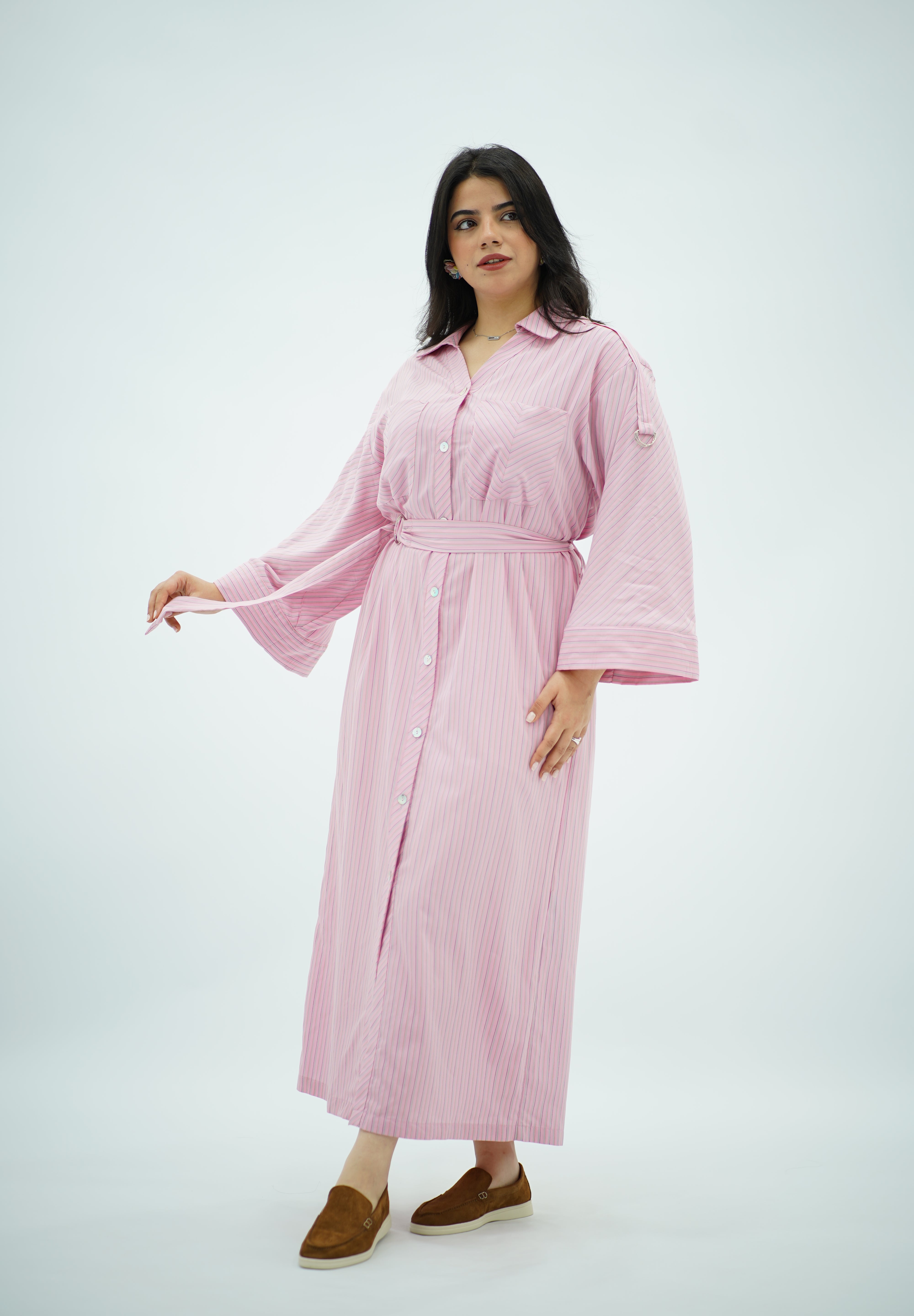 Robe-chemise longue rayée rose
