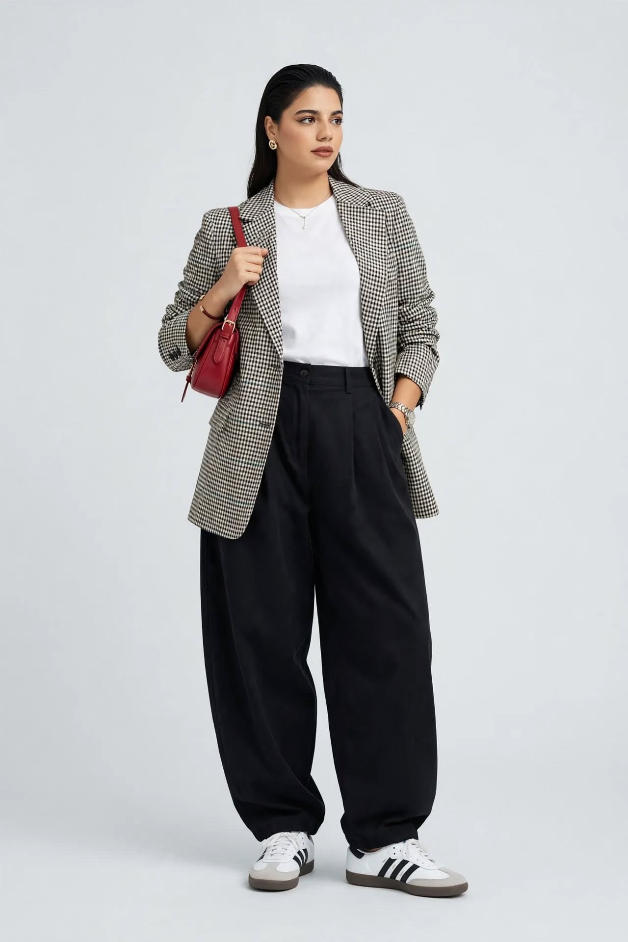 Blazer Structuré à Micro-Carreaux Noir & Beige