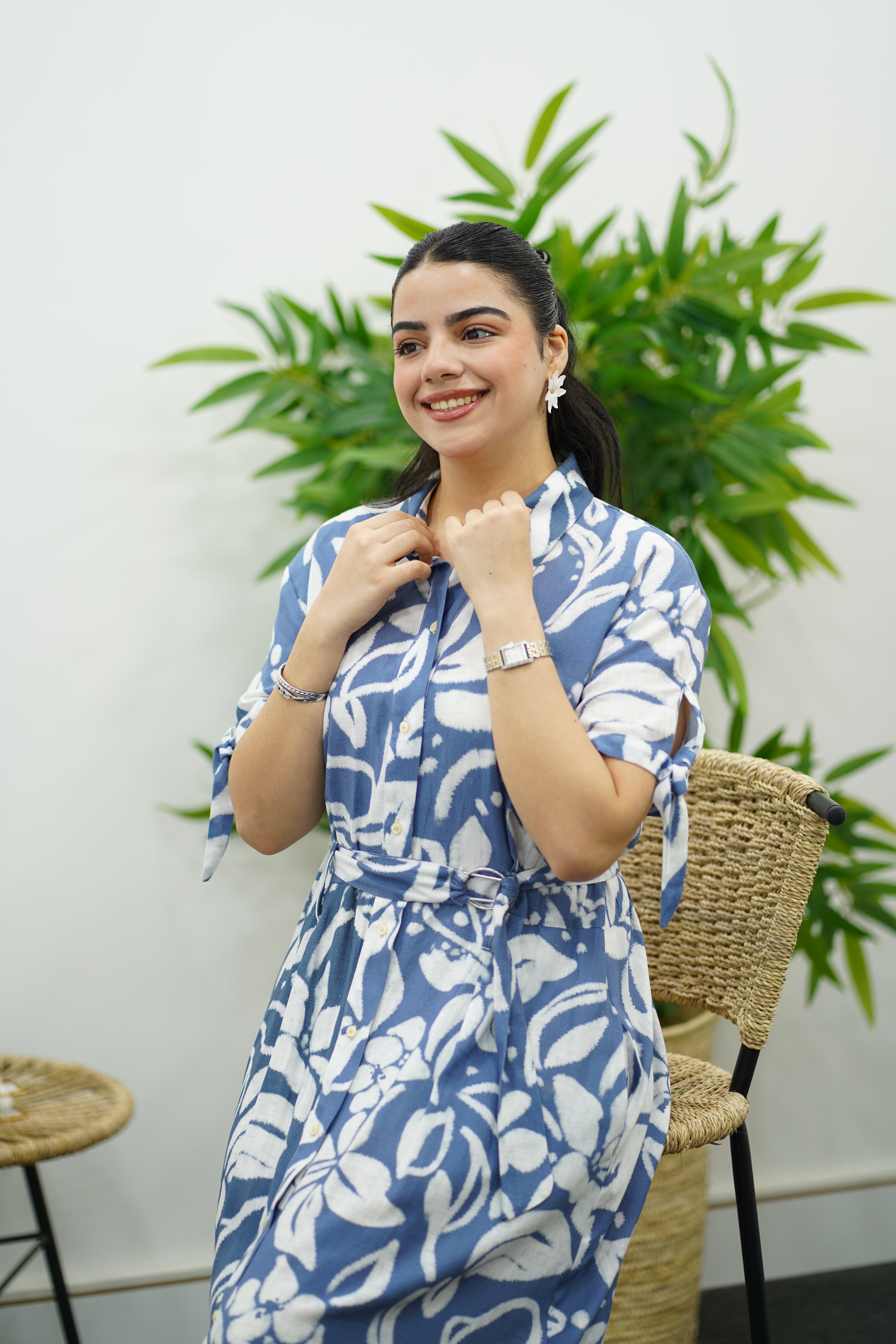 Robe Bleu en lin- Imprimée