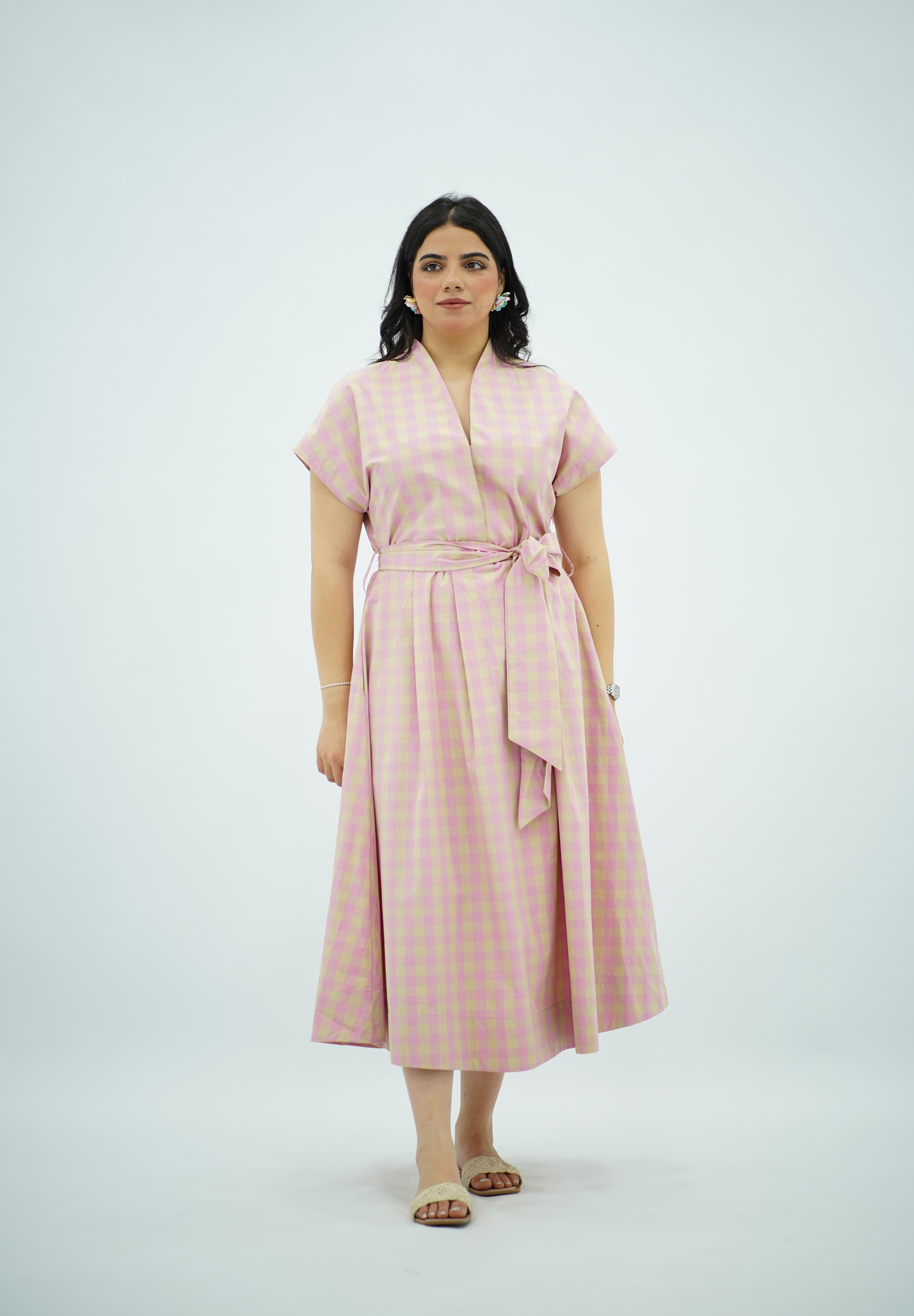Robe Midi Vichy Rose et Beige