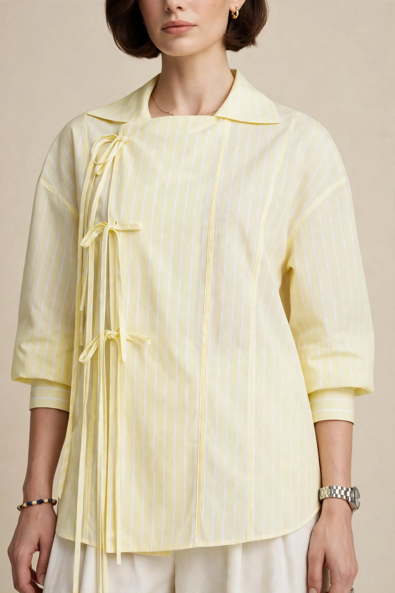 Chemisier Croisé Style Kimono à Rayures Pastel