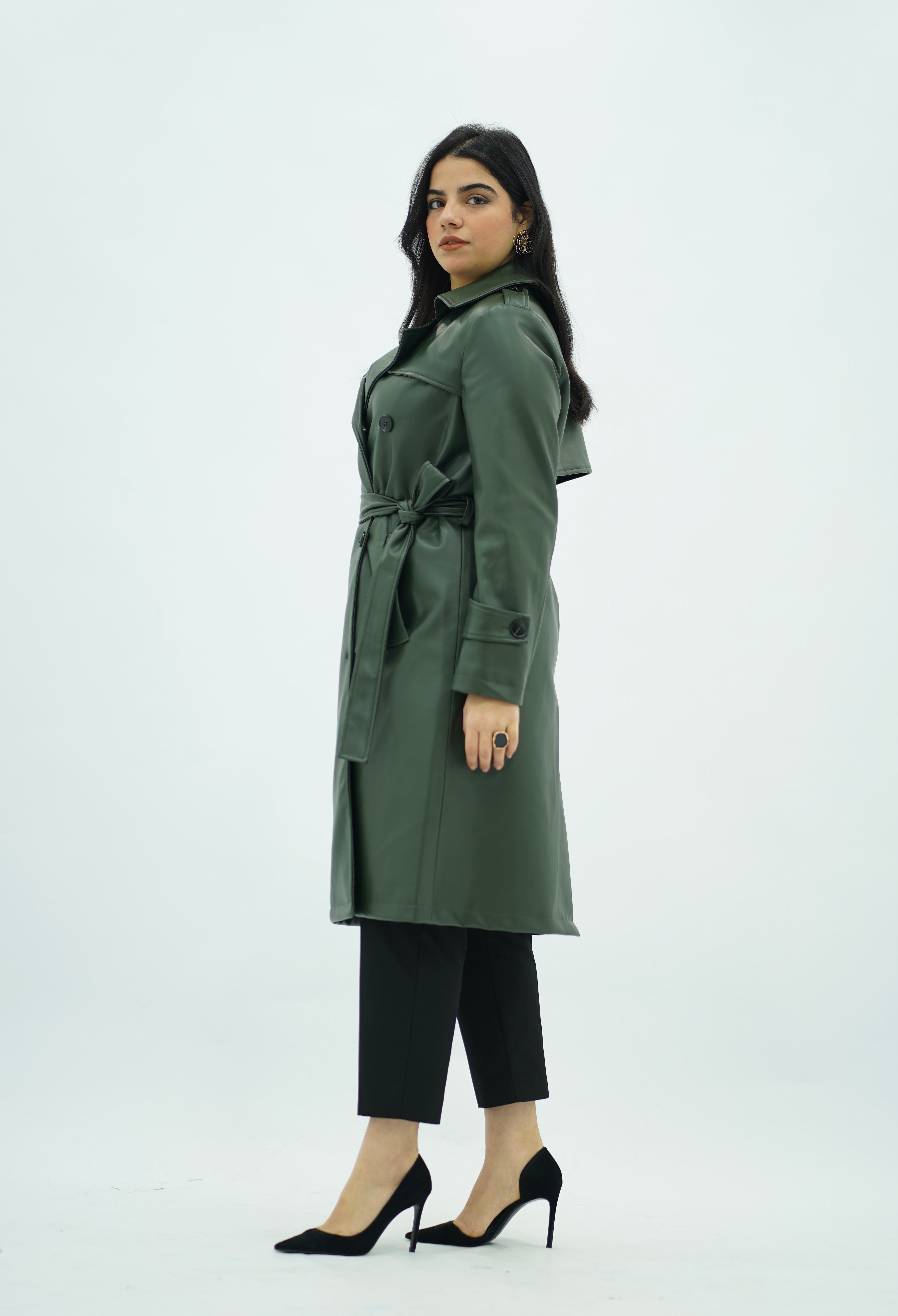 Trench Coat en Similicuir Kaki