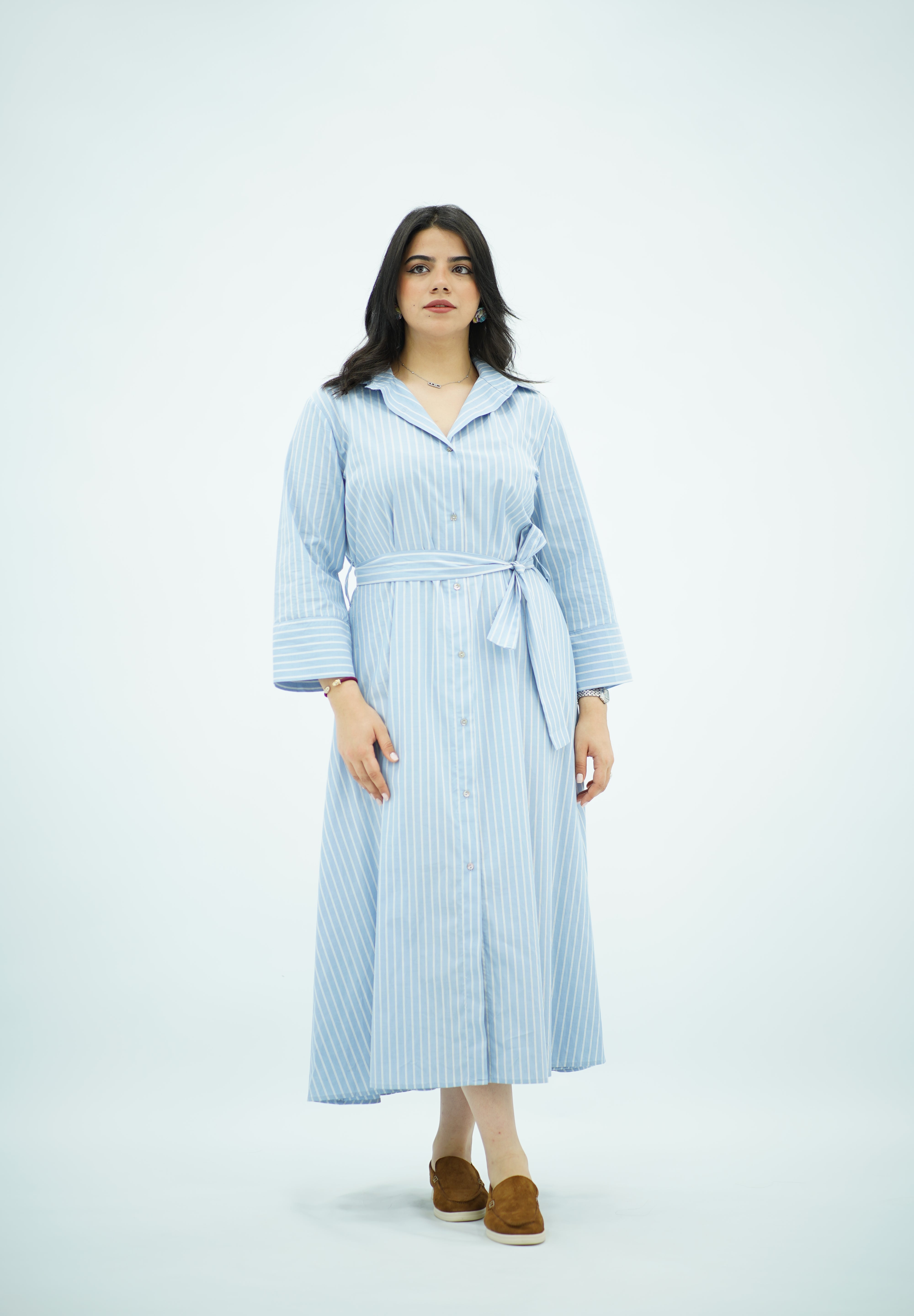 Robe-chemise longue rayée bleu ciel