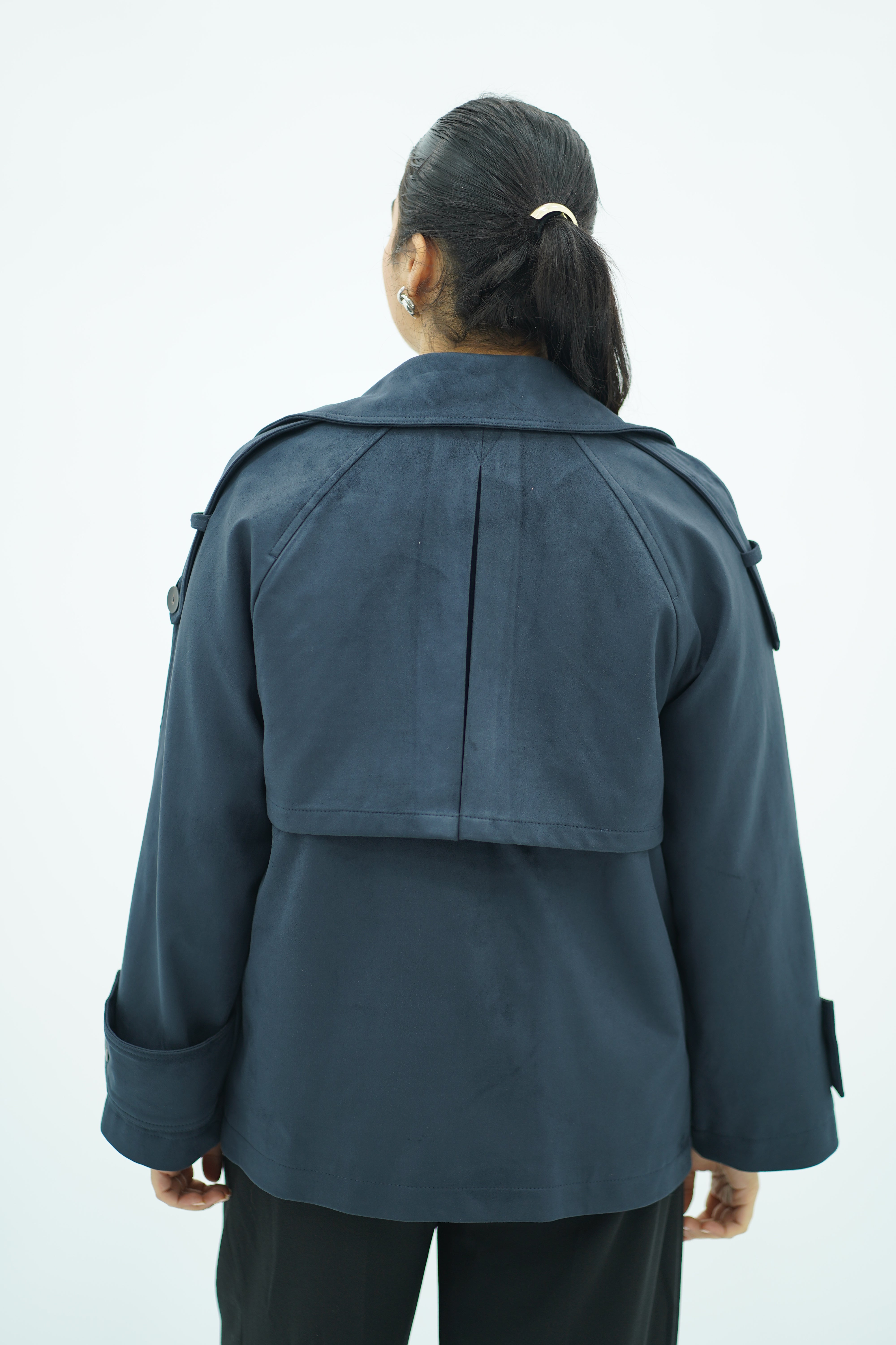 Trench court Bleu nuit en faux daim