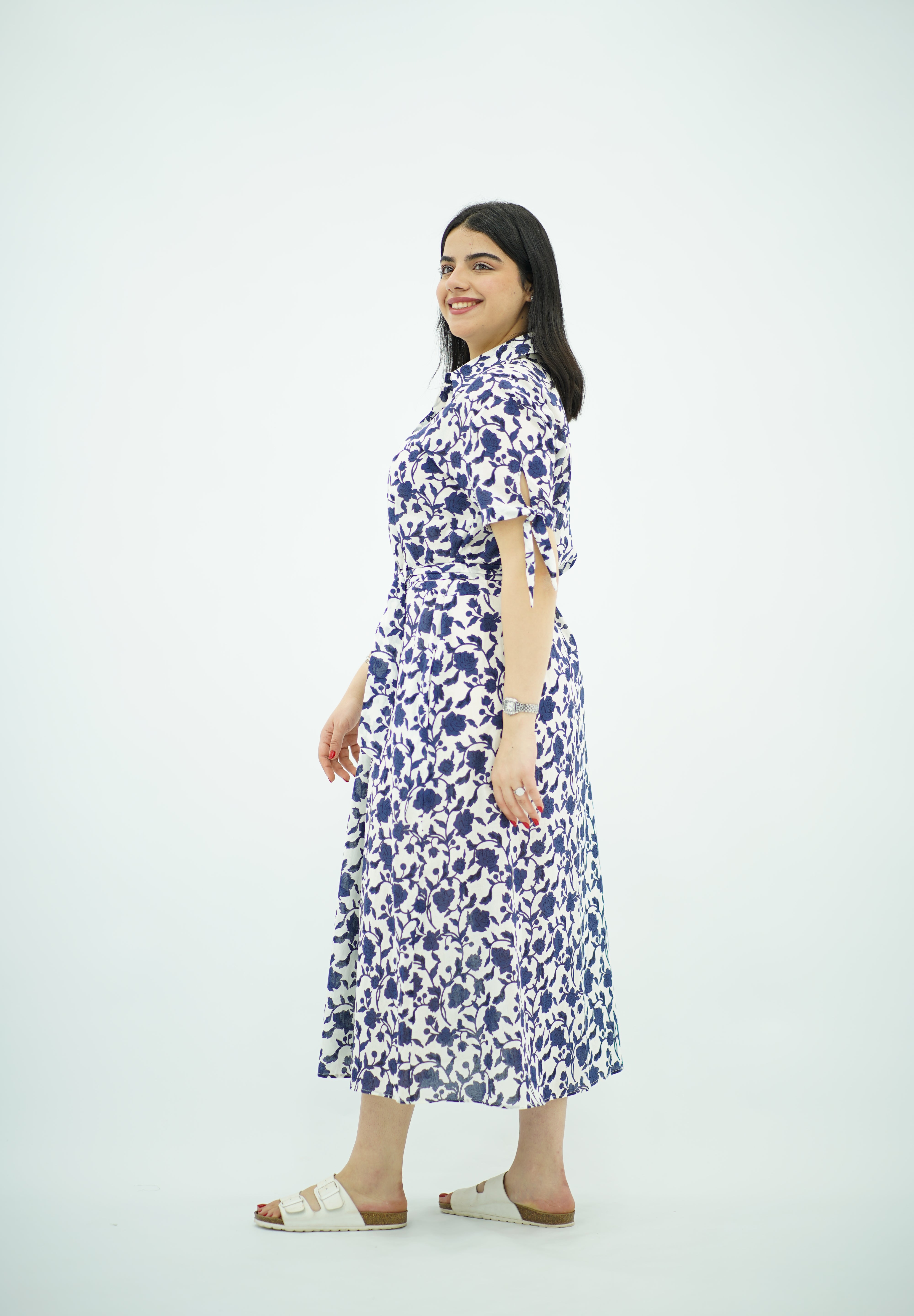 Robe Midi Fleurie Bleu et Blanc