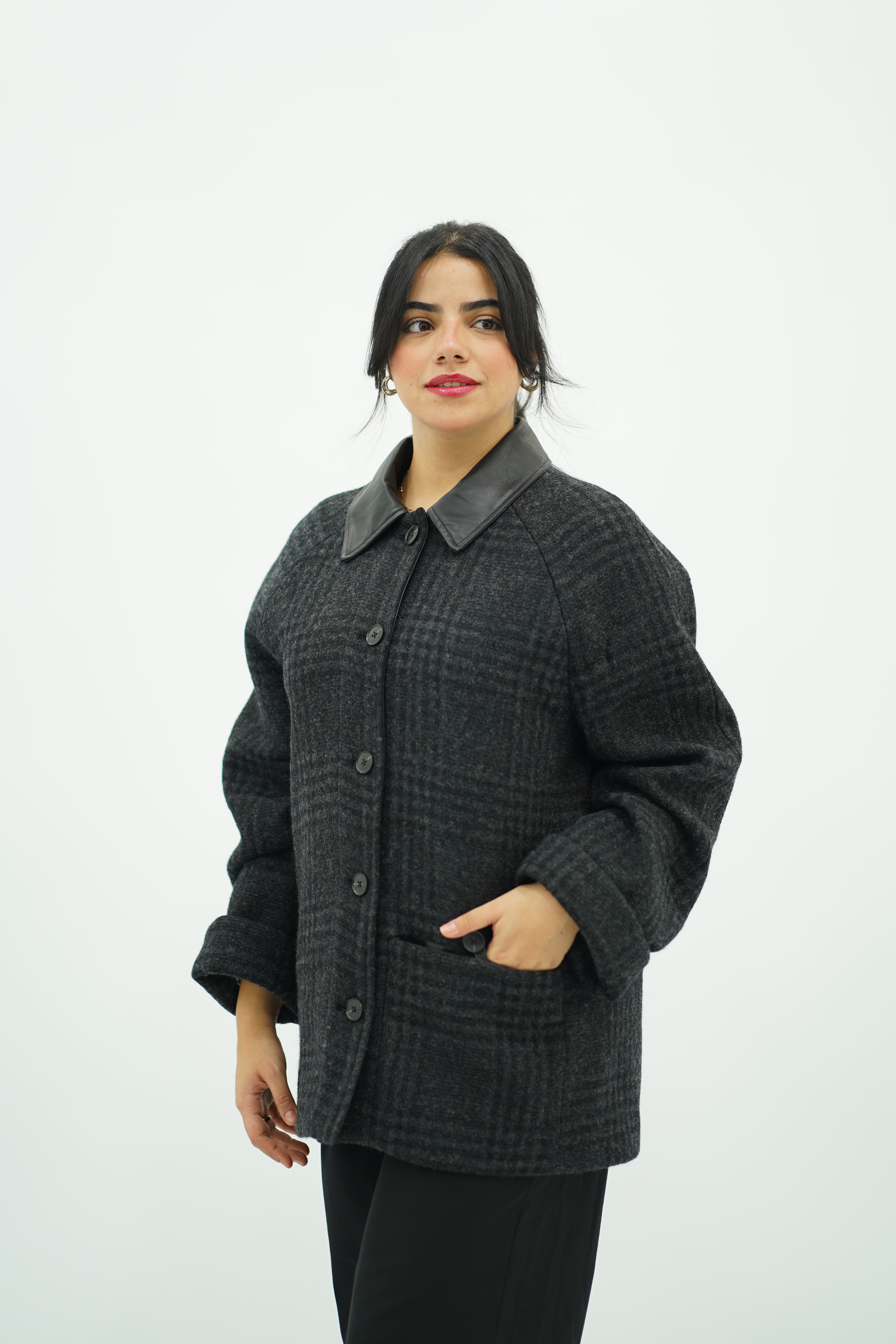 Manteau en Laine à Carreaux et Col Simili Cuir