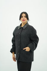 Manteau en Laine à Carreaux et Col Simili Cuir