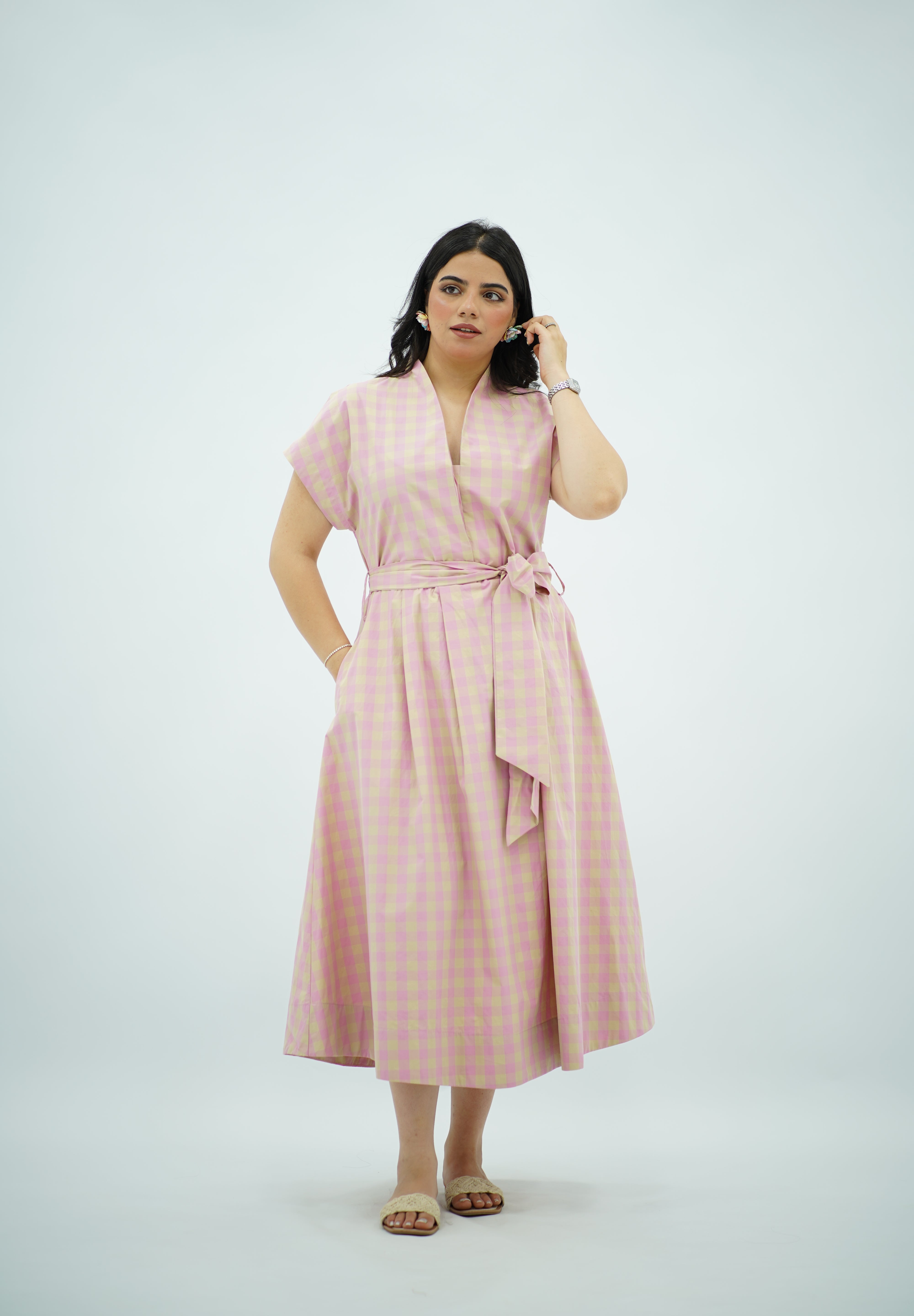 Robe Midi Vichy Rose et Beige