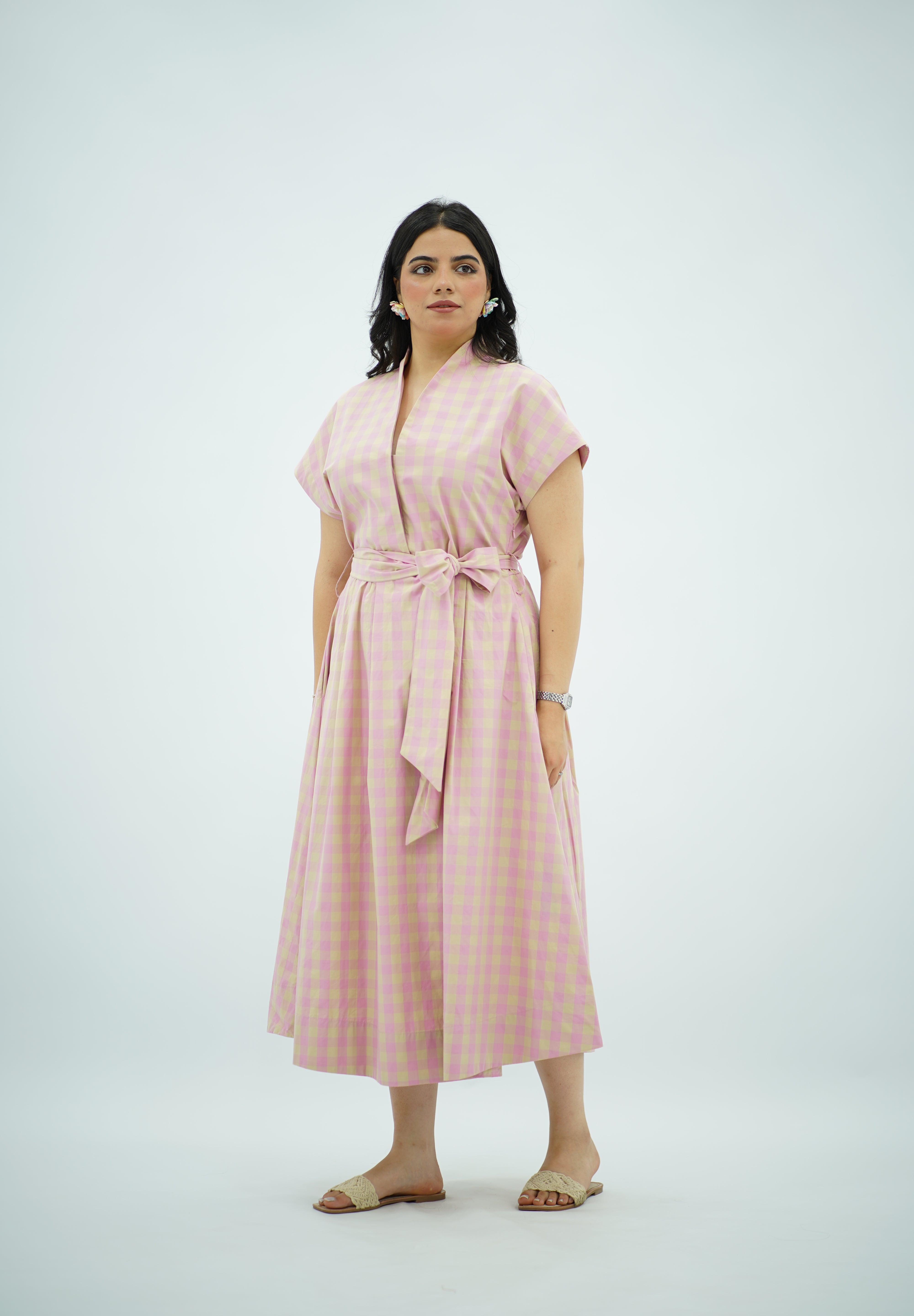 Robe Midi Vichy Rose et Beige